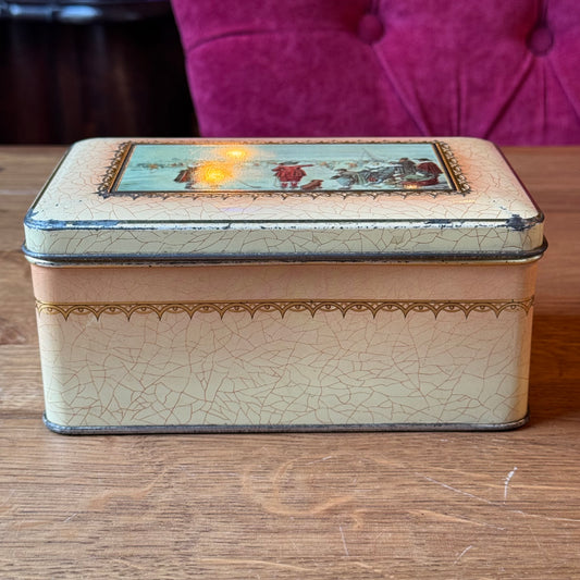 Vintage tea tin with a winter Avercamp scene – "Kolven op het IJs" (Food on the Ice)