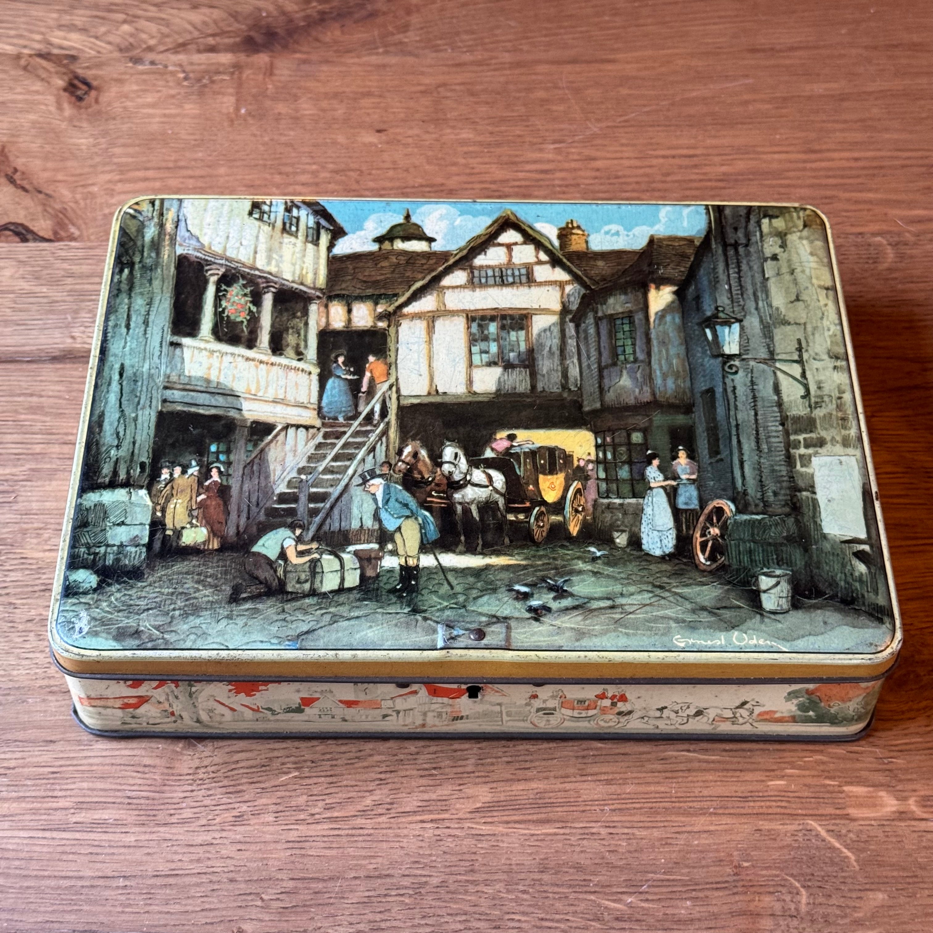 Vintage Victoria biscuit tin – carriage and inn scene – rectangular