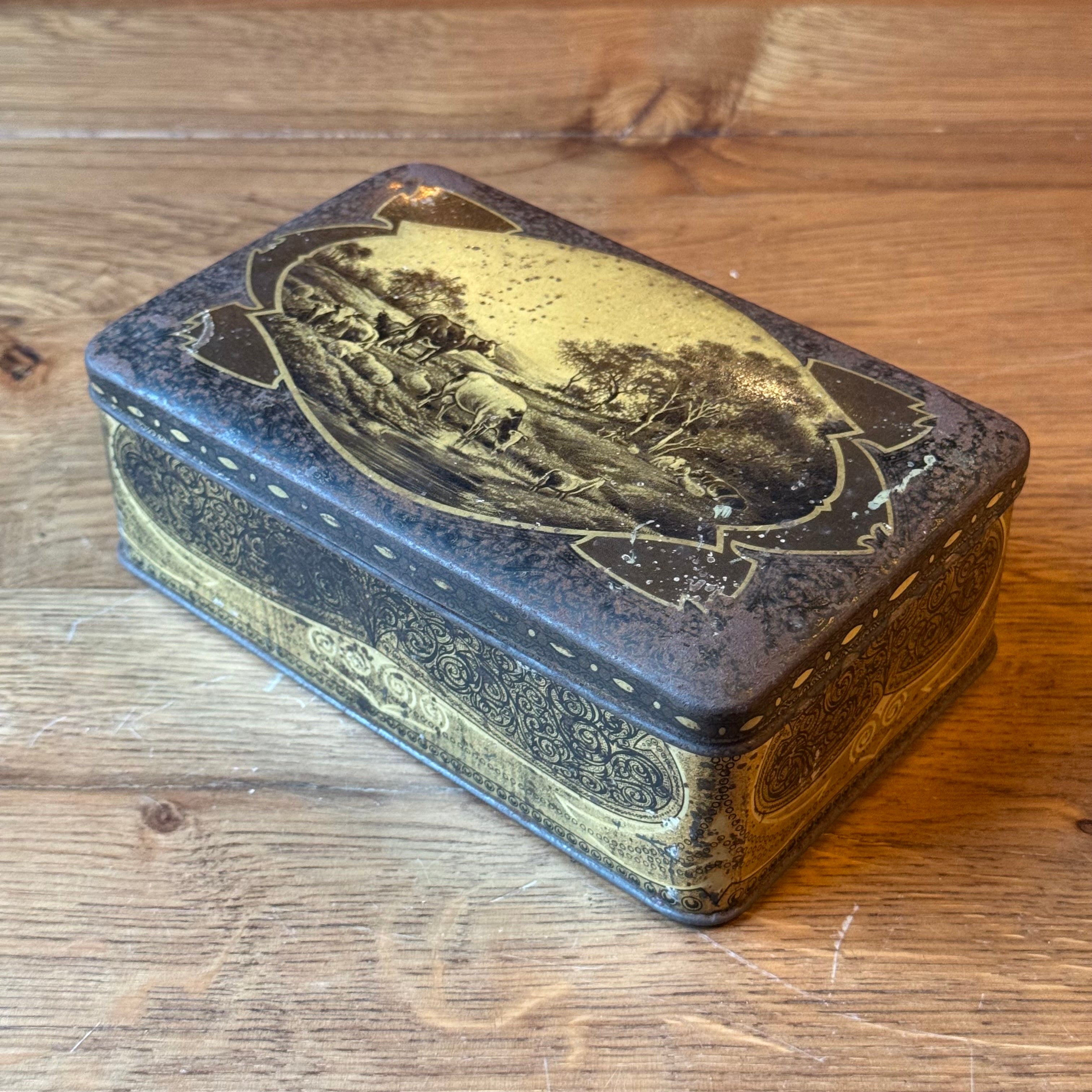 Antike Jamin-Dose mit ländlichem Motiv – rechteckige Keksdose