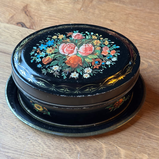 Vintage Black Brocante Tin with Presentation Tray - Floral Motif & Gold (1950s/1960s)