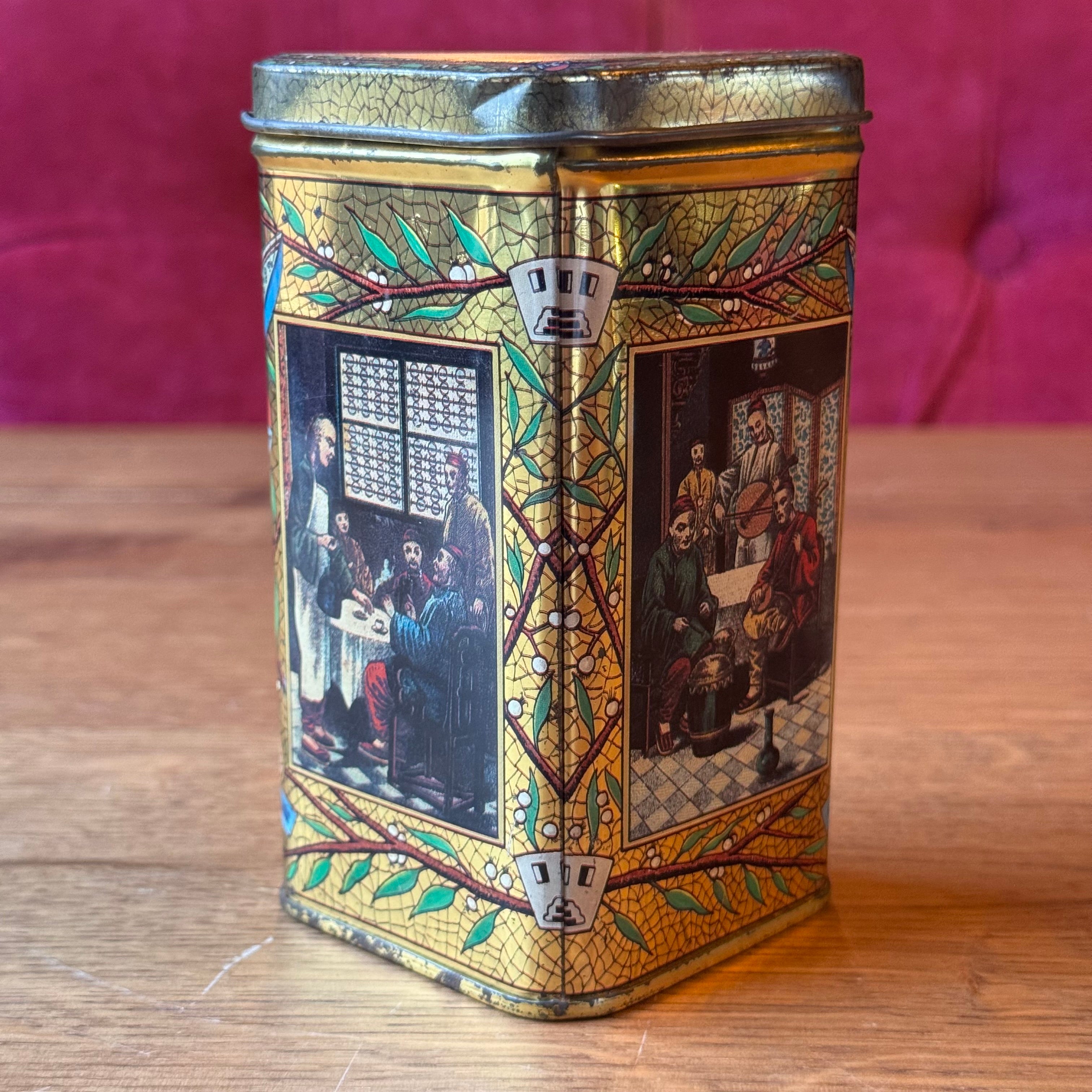 Antique Triangular Tea Tin - Chinoiserie & Gold Crackle