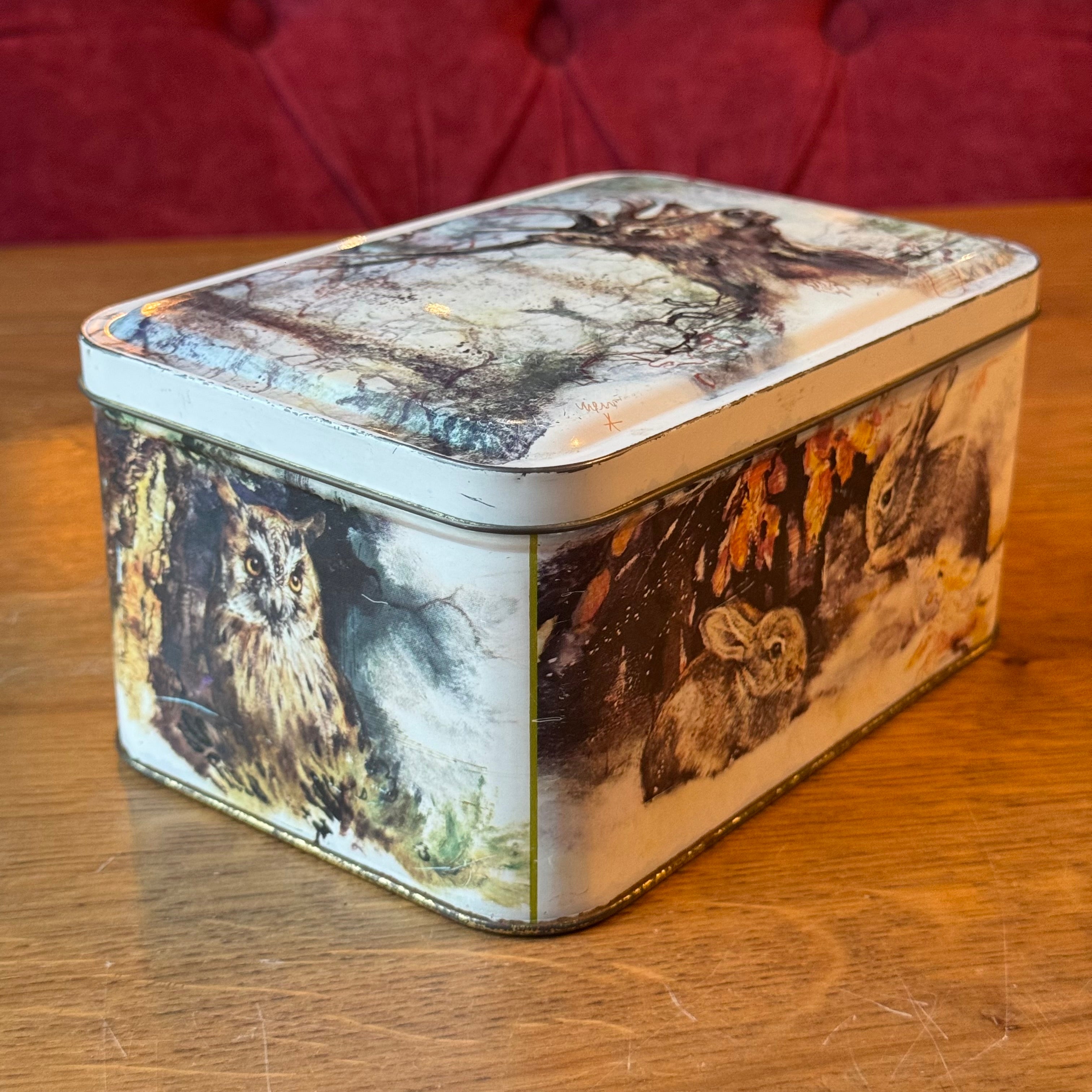 Vintage Royco Blechdose mit Waldtieren – rechteckige Aufbewahrungsbox aus Metall