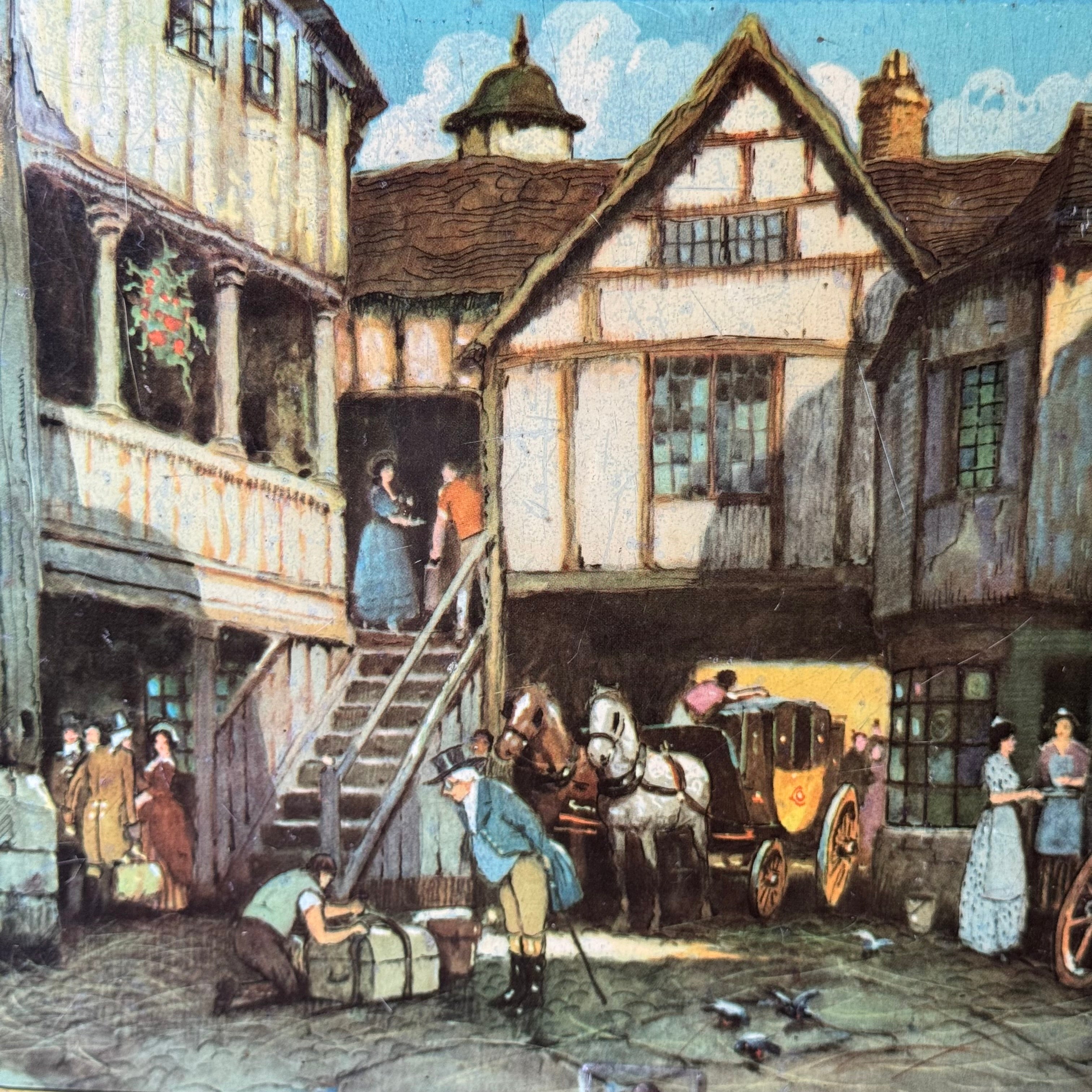 Vintage Victoria biscuit tin – carriage and inn scene – rectangular