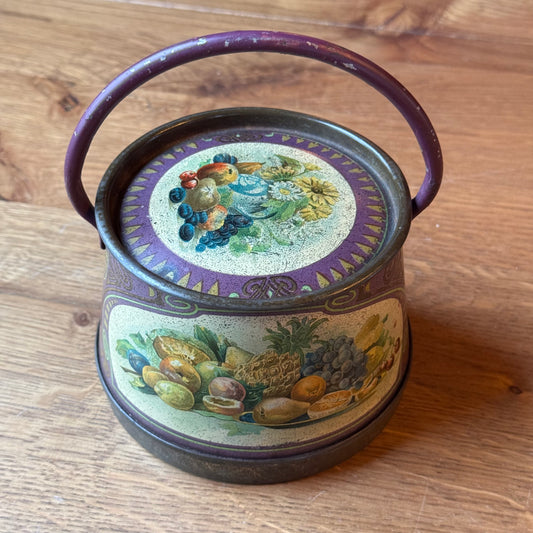 Vintage English Tin with Handle - Fruit Still Life & Purple (1950s)