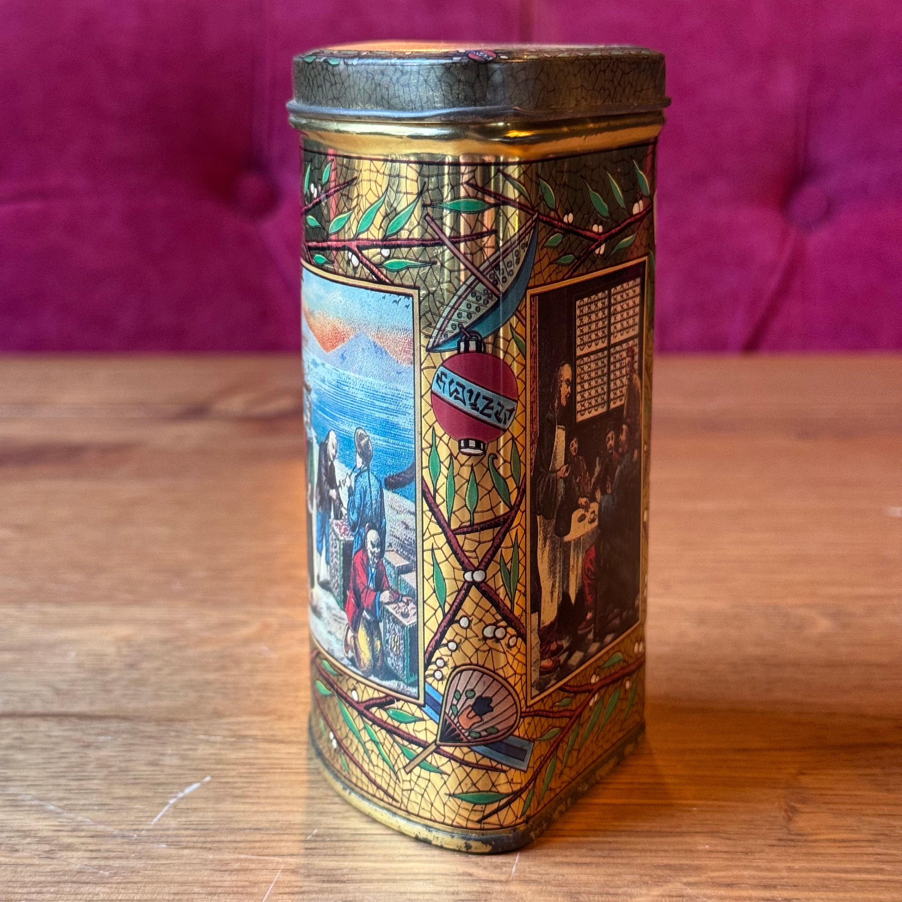 Antique Triangular Tea Tin - Chinoiserie & Gold Crackle