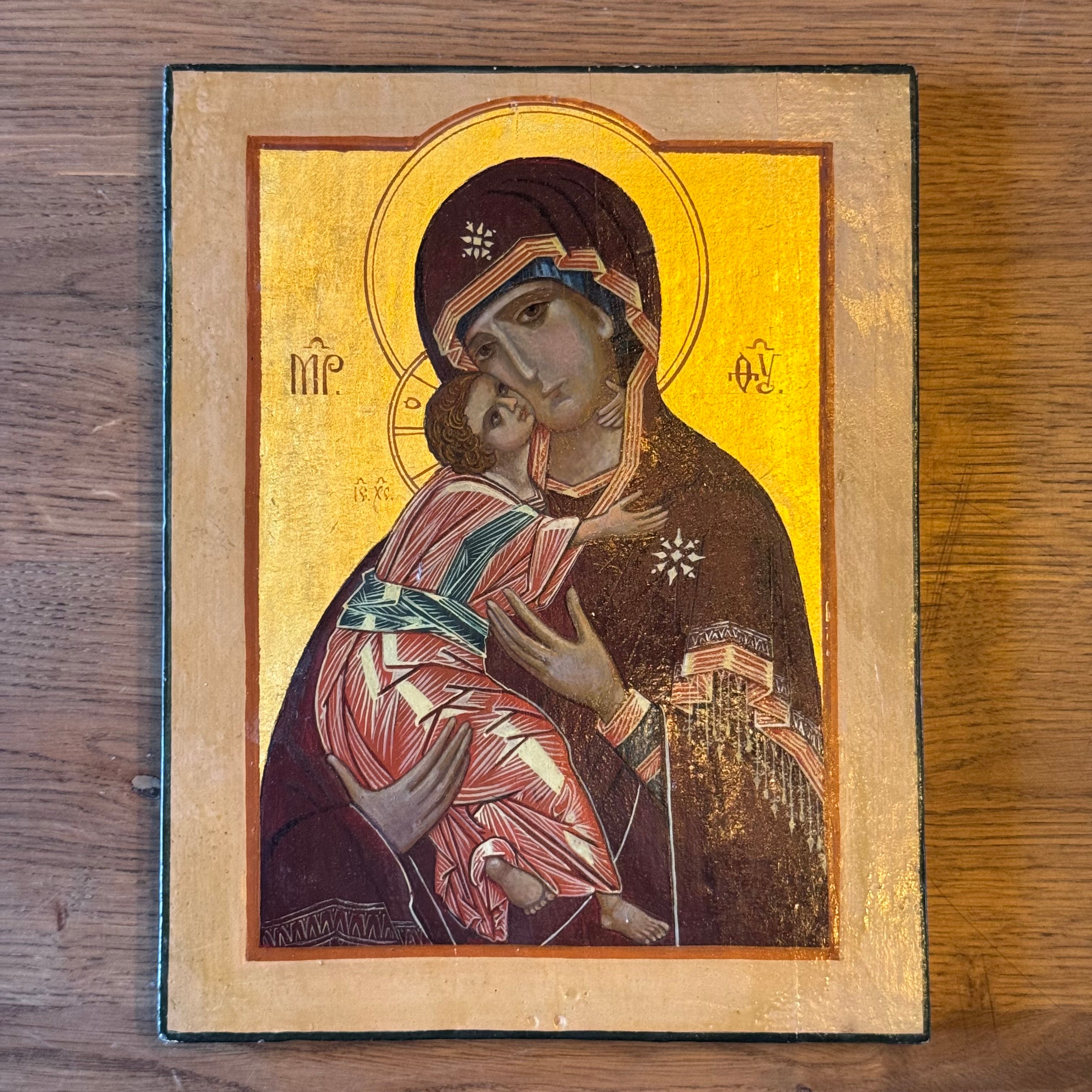 Byzantine Mother of God icon with gold leaf and studio photo of Jerusalem (1977)