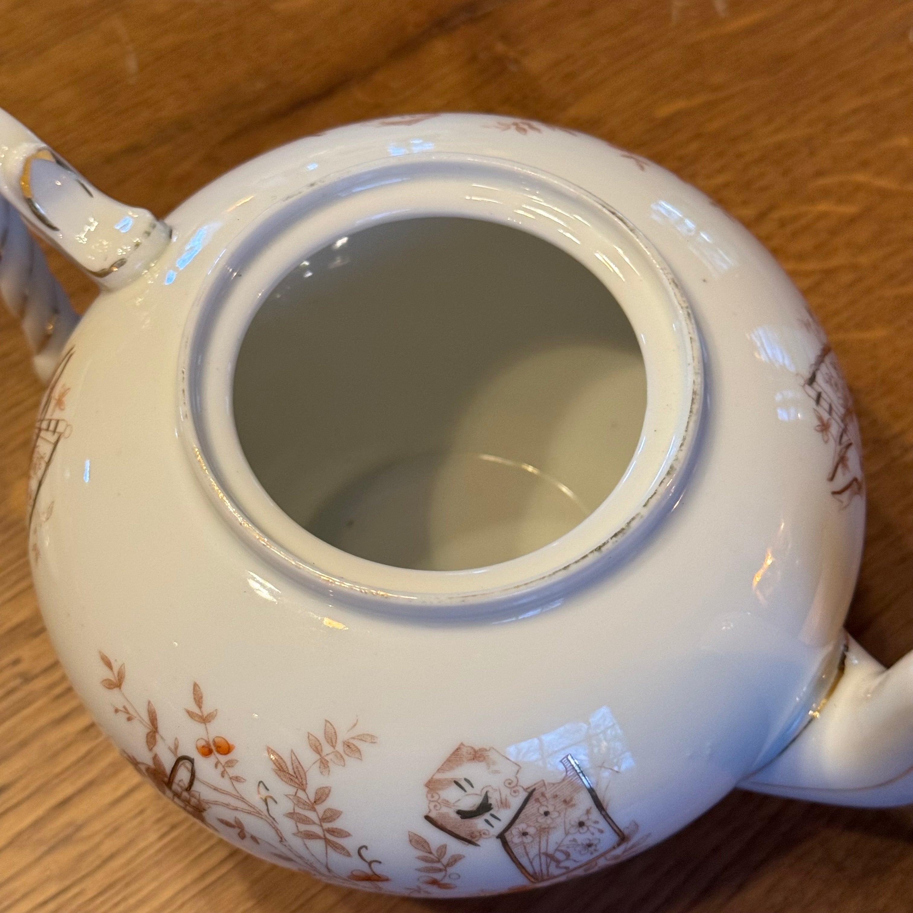 Antiek 4-delig porseleinen theeservies met roodbruine Japanse motieven – ca. 1900–1930