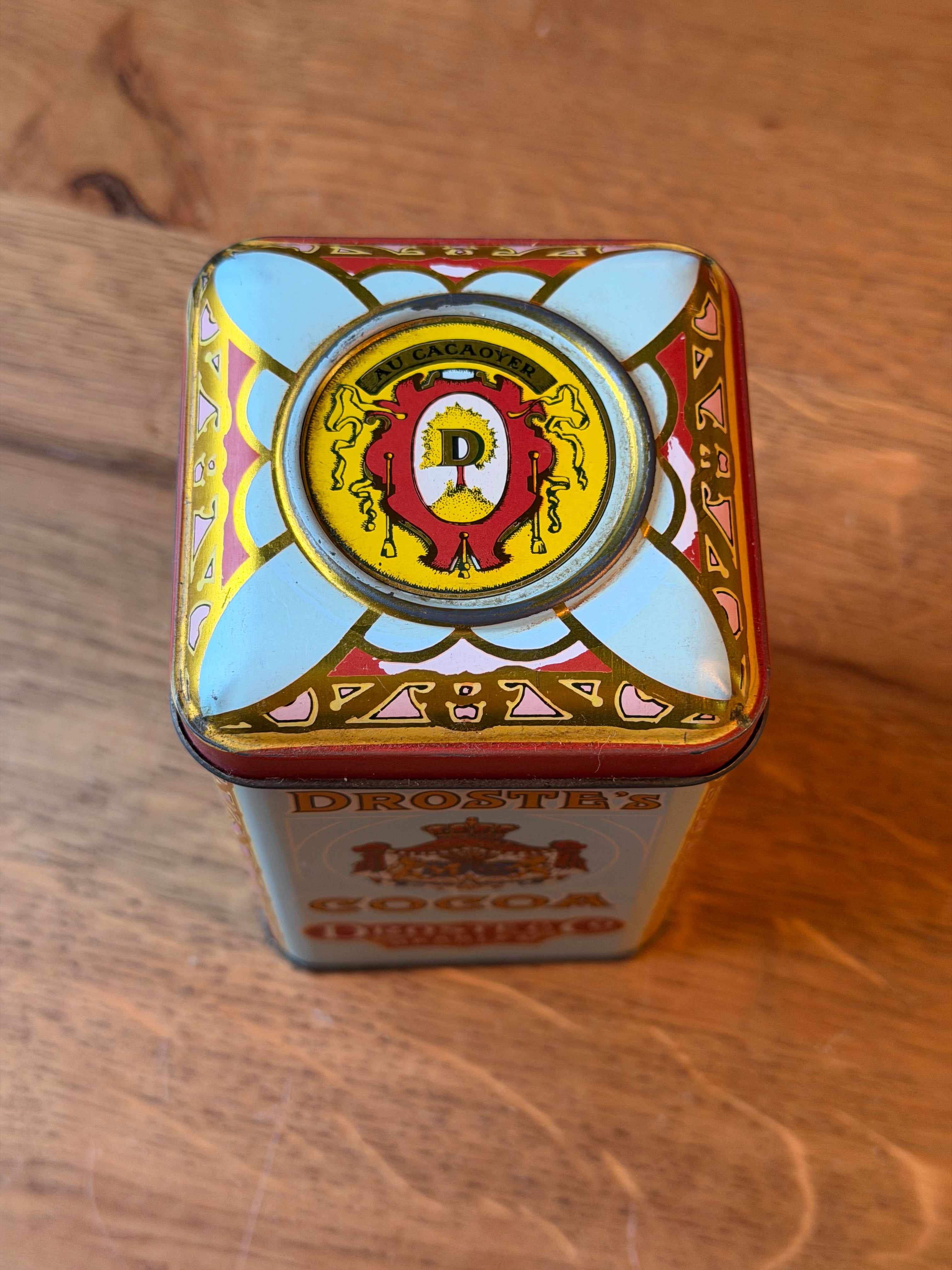 Antiek Droste’s Cocoa Blik met Opbollende Deksel en Cirkel – Exportuitvoering