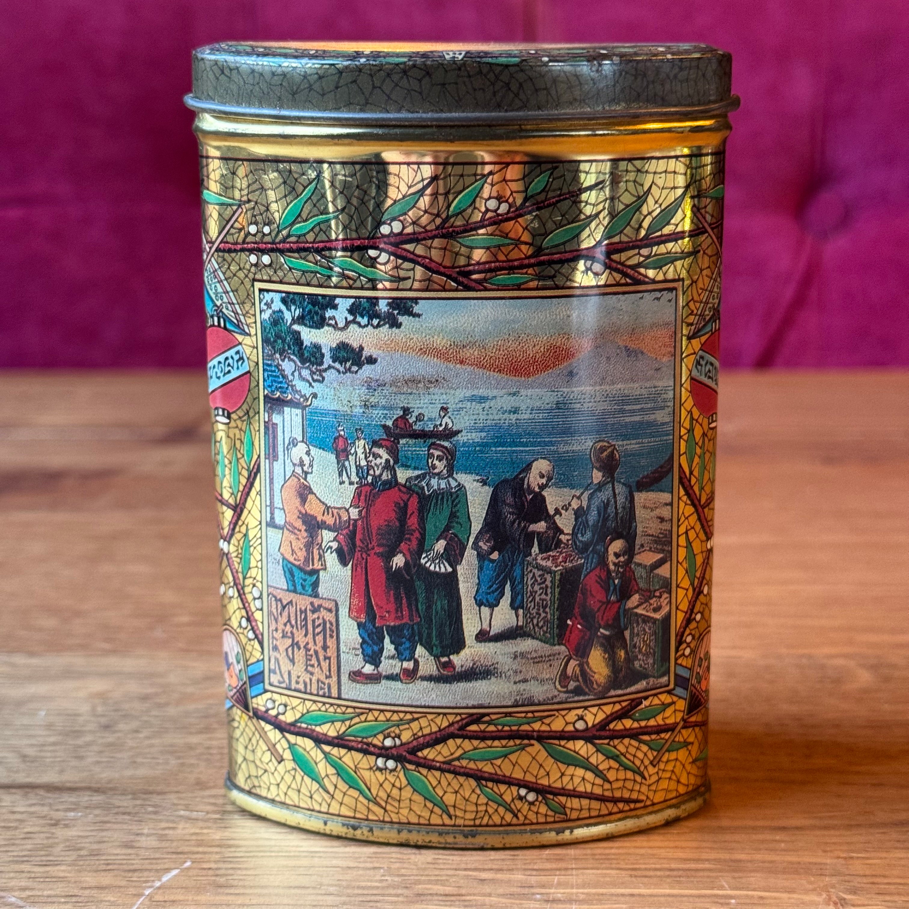 Antique Triangular Tea Tin - Chinoiserie & Gold Crackle