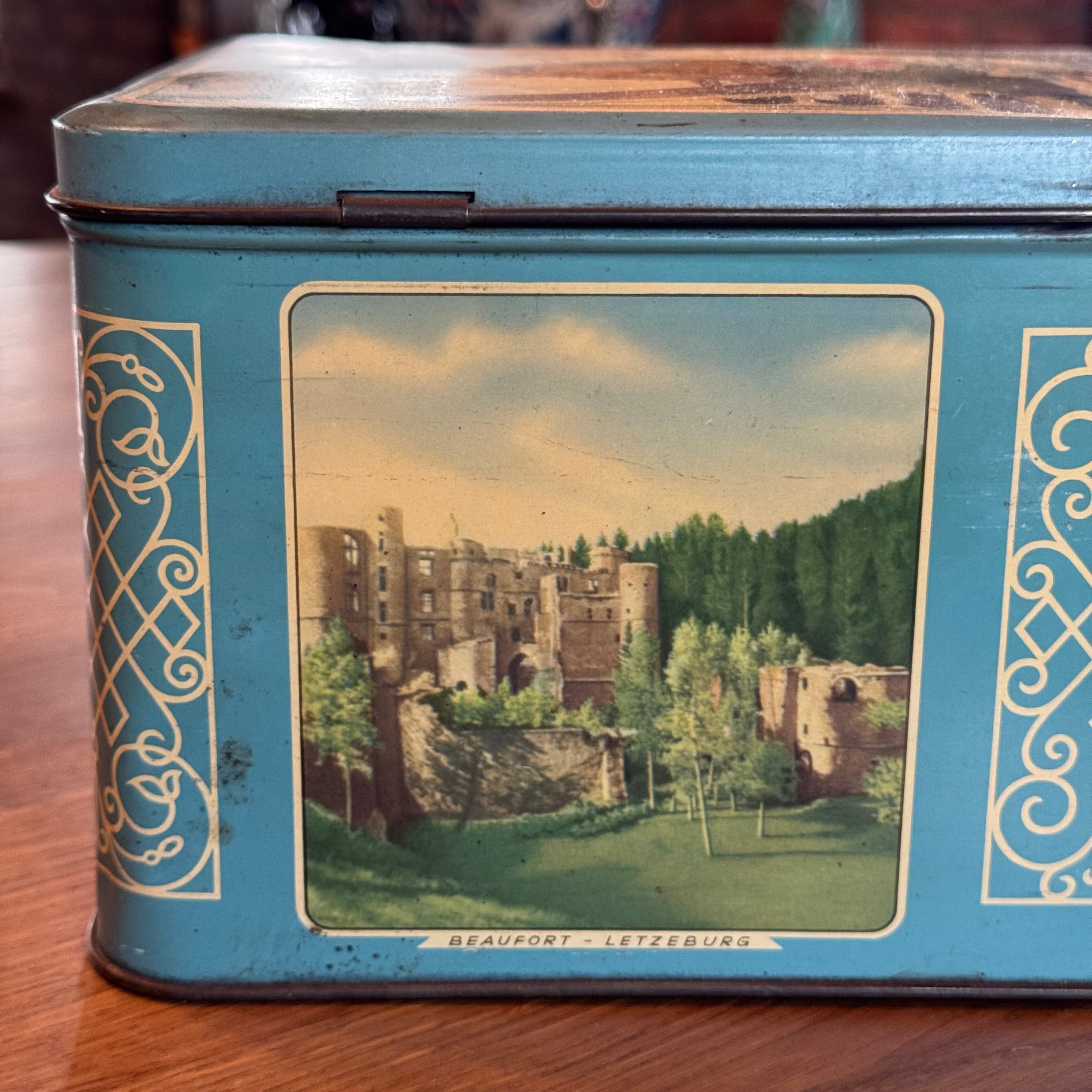 Lonka Benelux toffee tin – cityscapes of the Netherlands, Belgium, Luxembourg – ca. 1955–1965