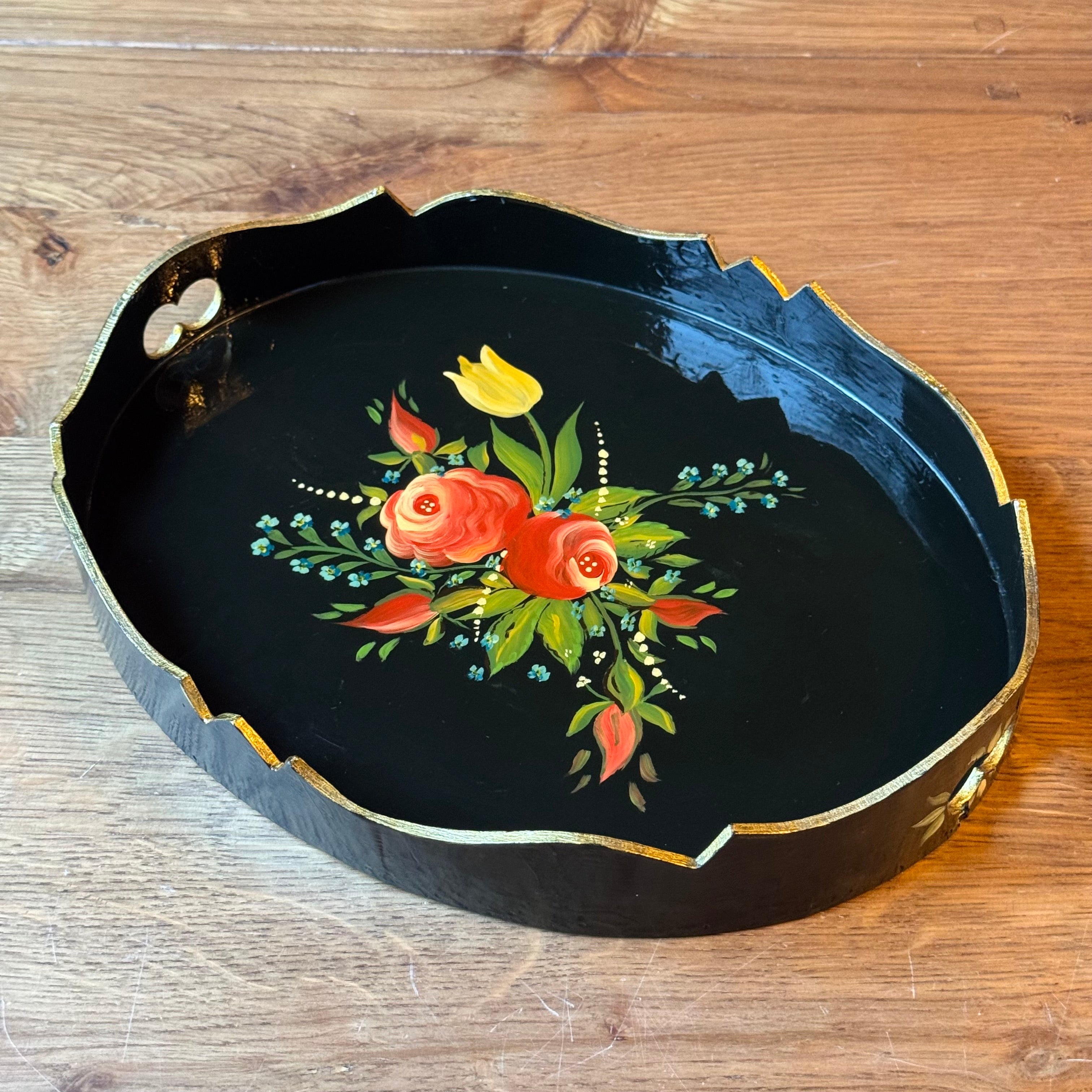 Handbemaltes Holztablett mit Blumenmotiv und Goldrand