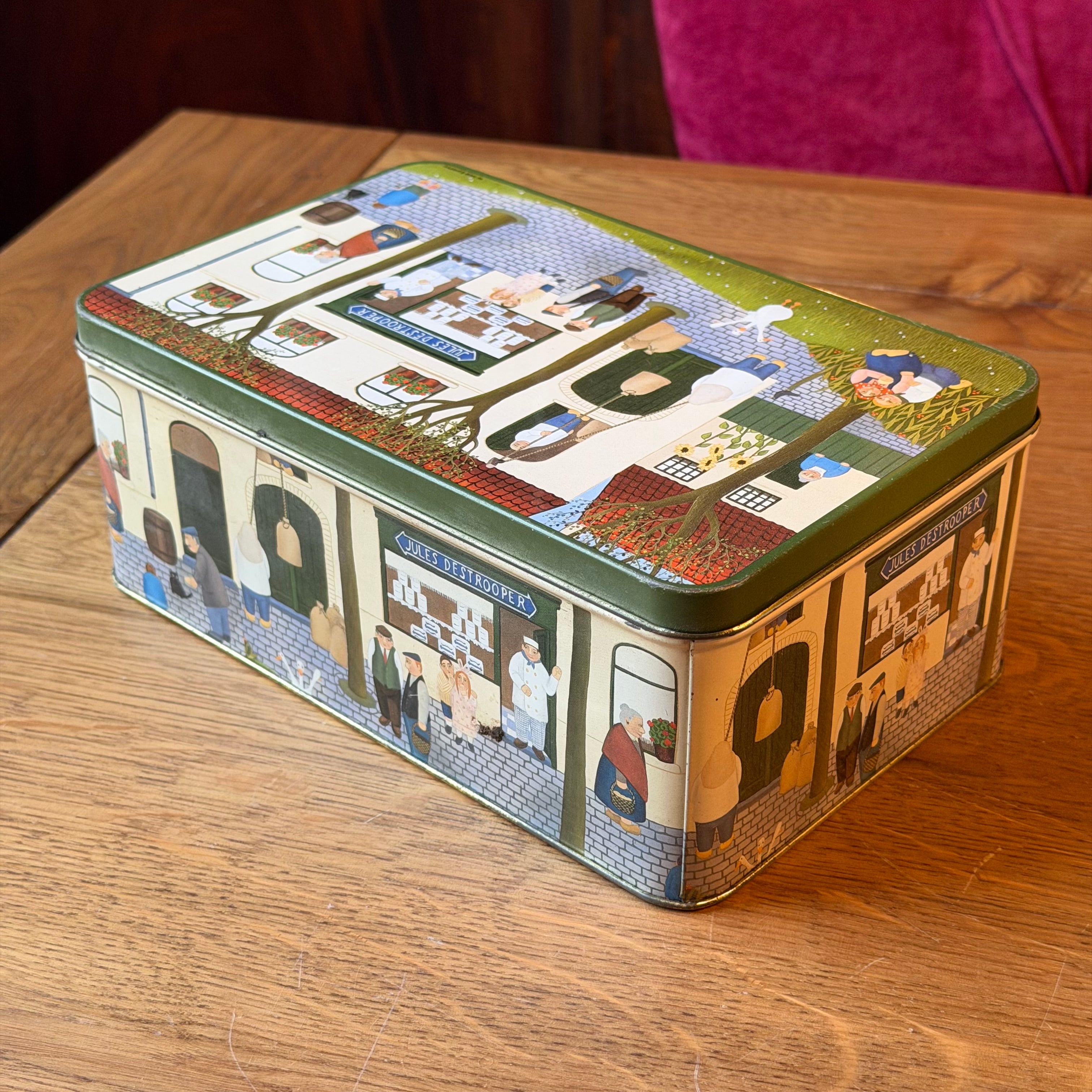 Jules Destrooper village scene biscuit tin – rectangular Belgian biscuit tin