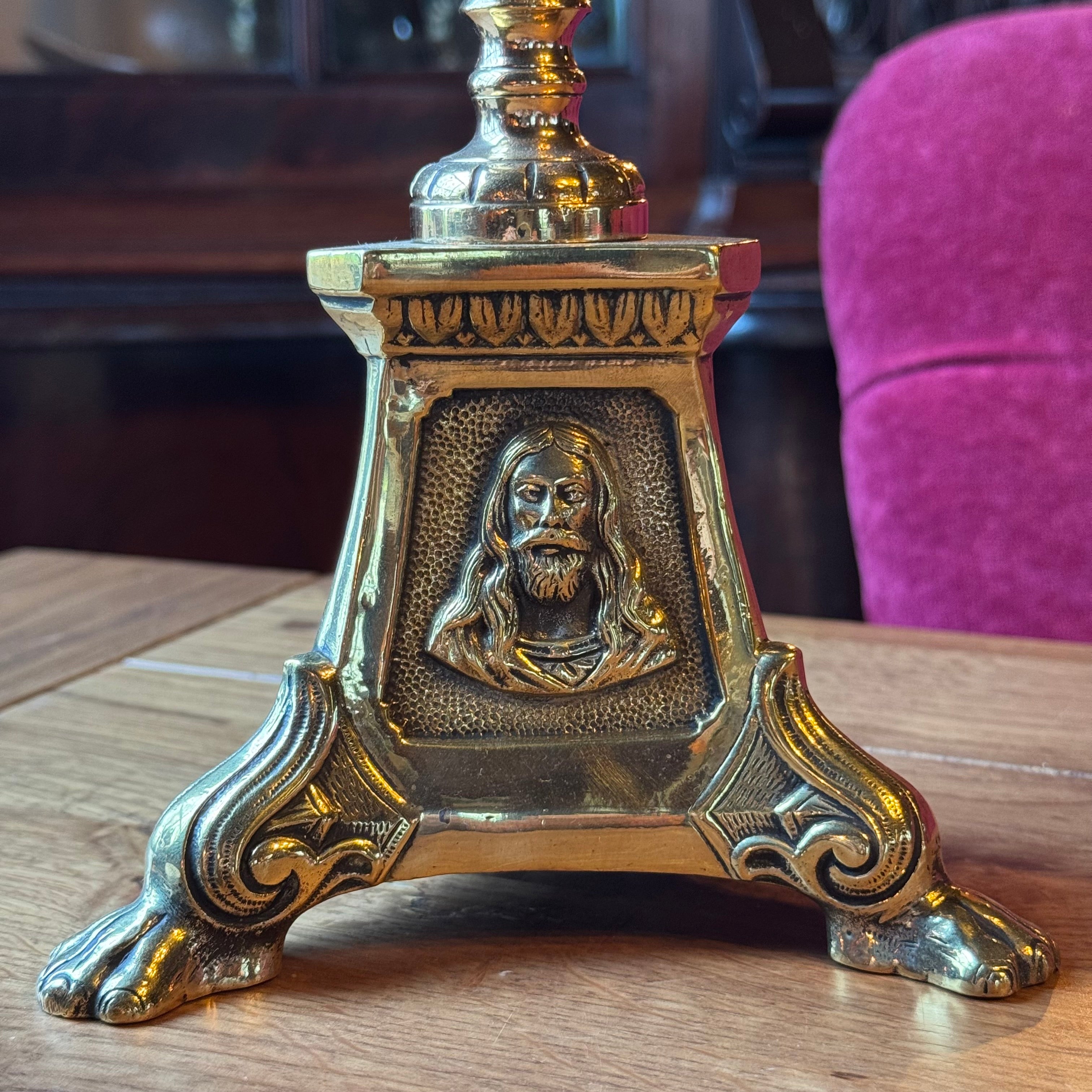 Antique ecclesiastical brass candlesticks with saints – set of 2