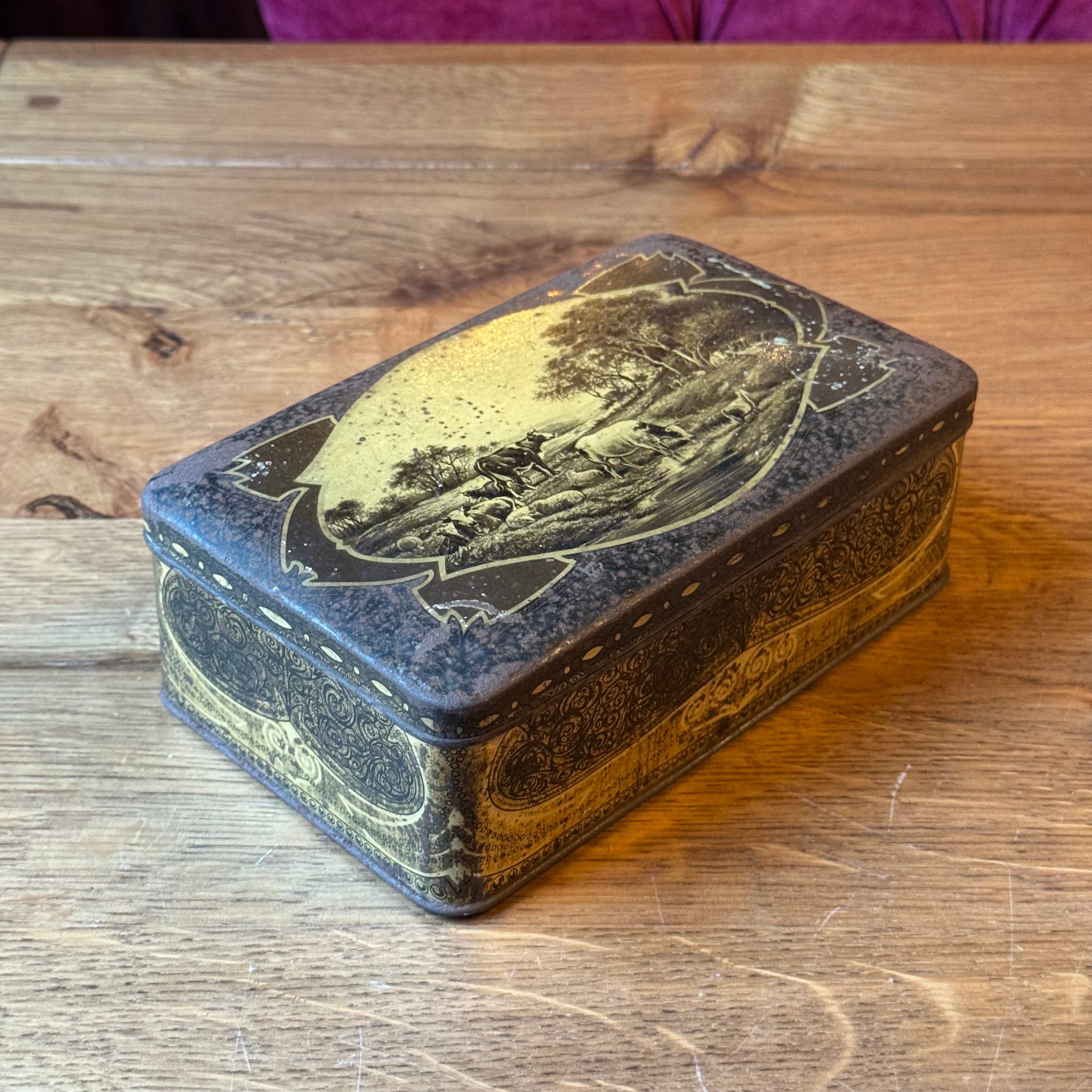 Antike Jamin-Dose mit ländlichem Motiv – rechteckige Keksdose