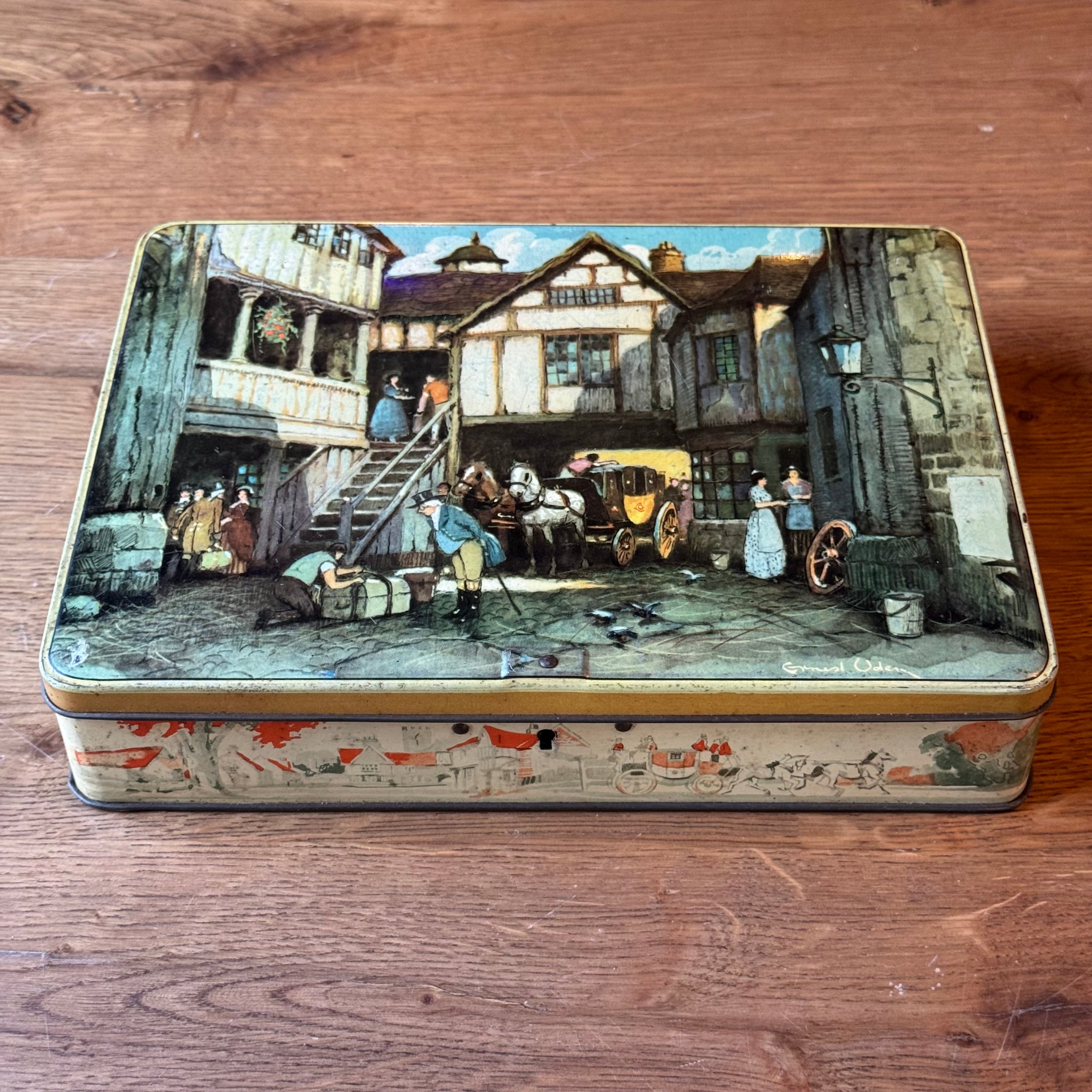 Vintage Victoria koekblik – koets & herberg tafereel – rechthoekig