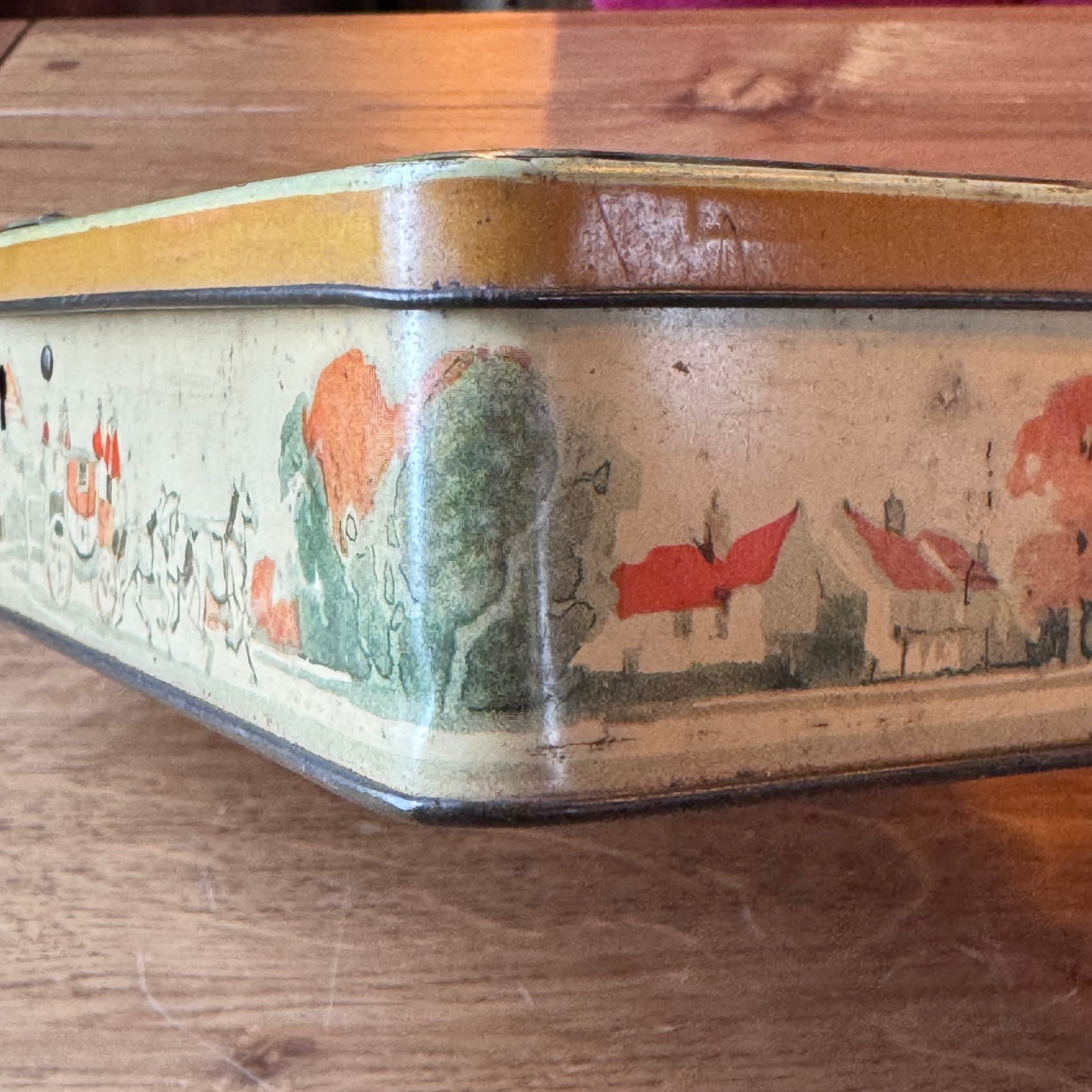 Vintage Victoria biscuit tin – carriage and inn scene – rectangular