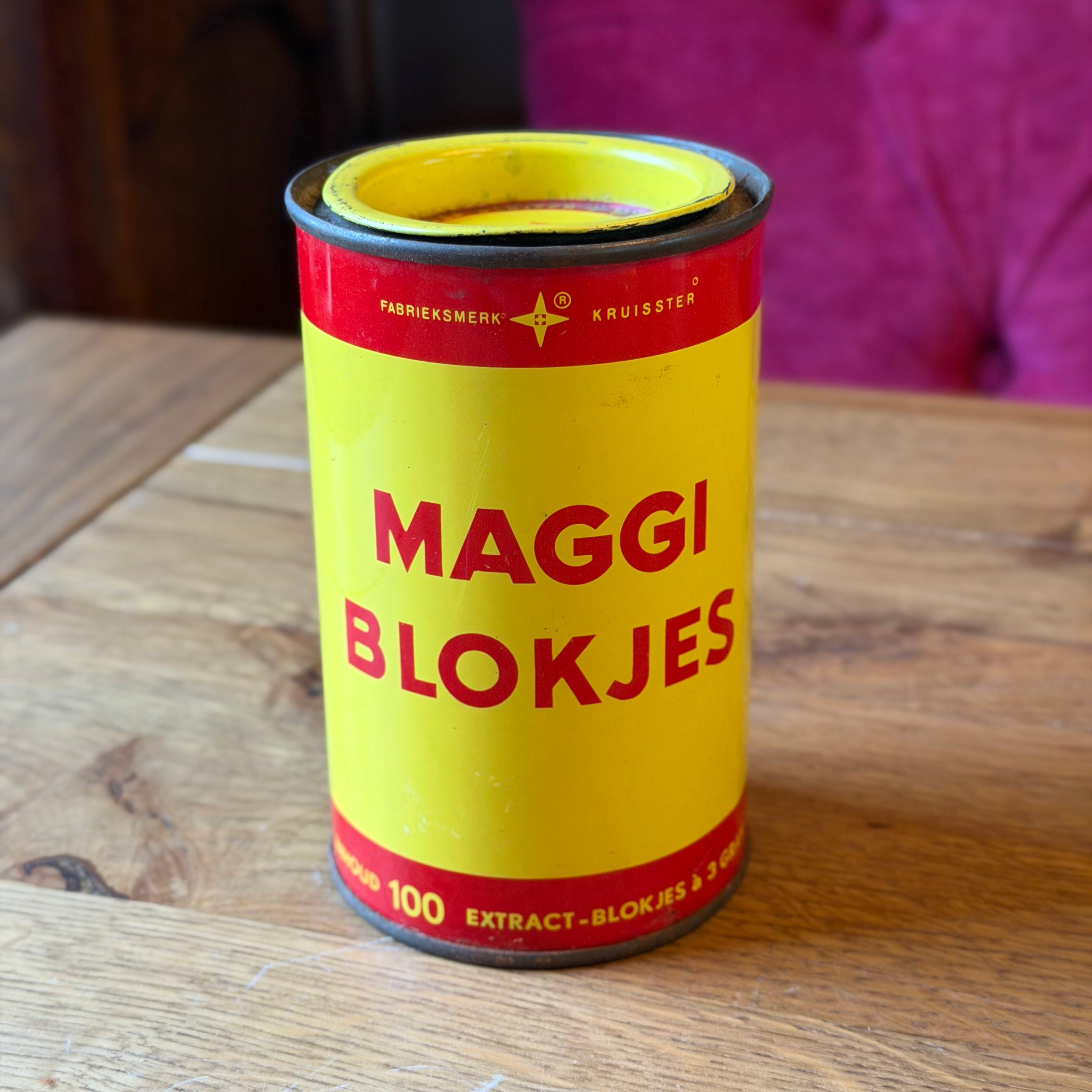 Vintage Maggi Blokjes blik – geel/rood kruidenblik – Nestlé Nederland