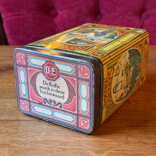 Antiek Douwe Egberts koffieblik met scènes uit het koffieritueel