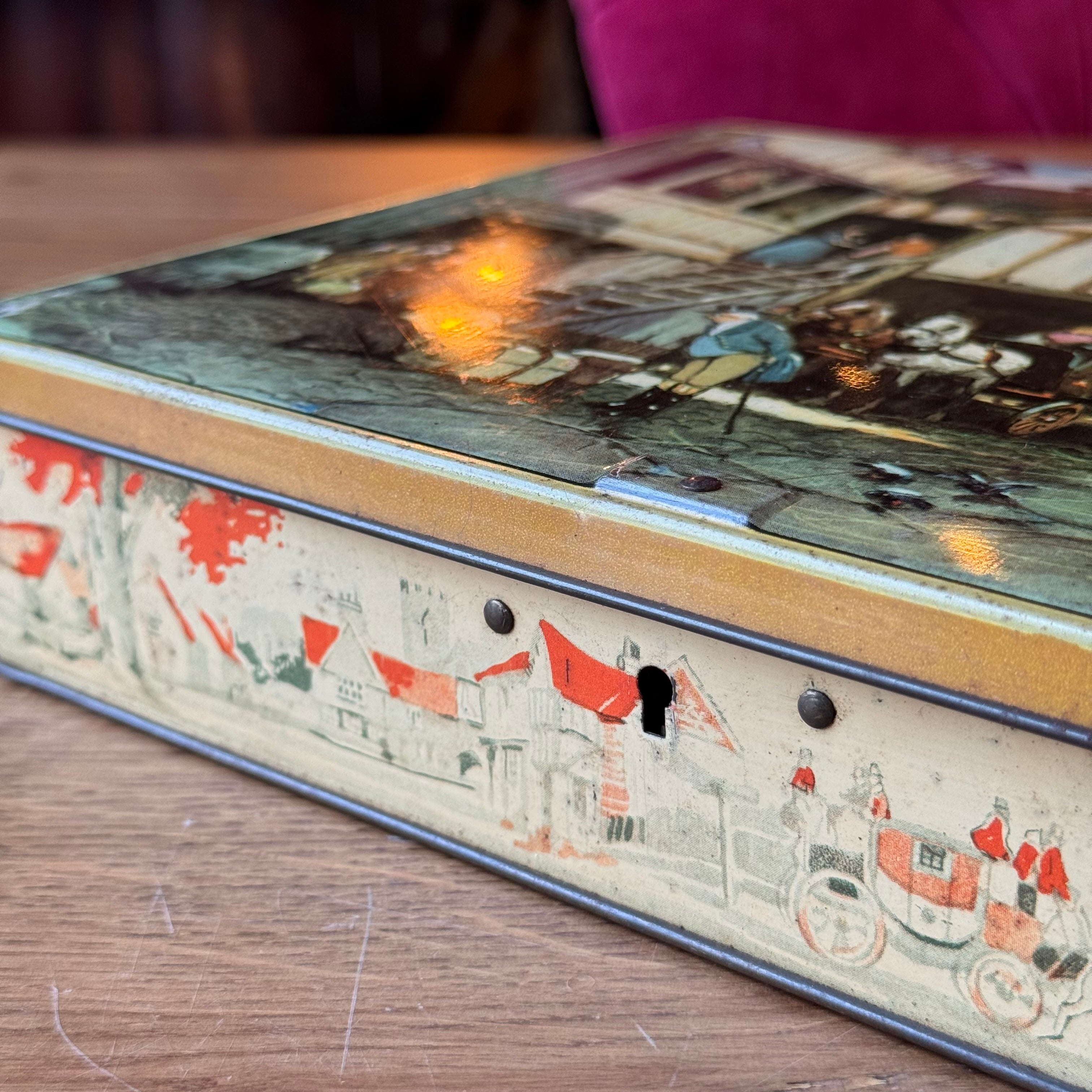 Vintage Victoria biscuit tin – carriage and inn scene – rectangular