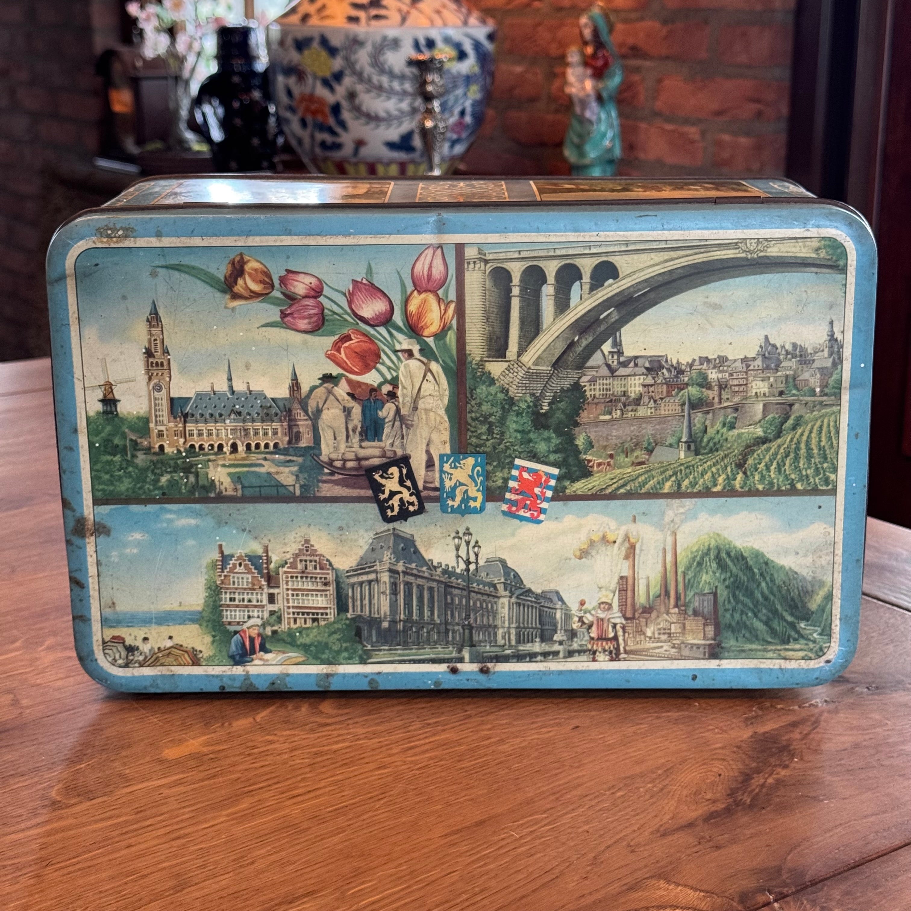Lonka Benelux toffee tin – cityscapes of the Netherlands, Belgium, Luxembourg – ca. 1955–1965