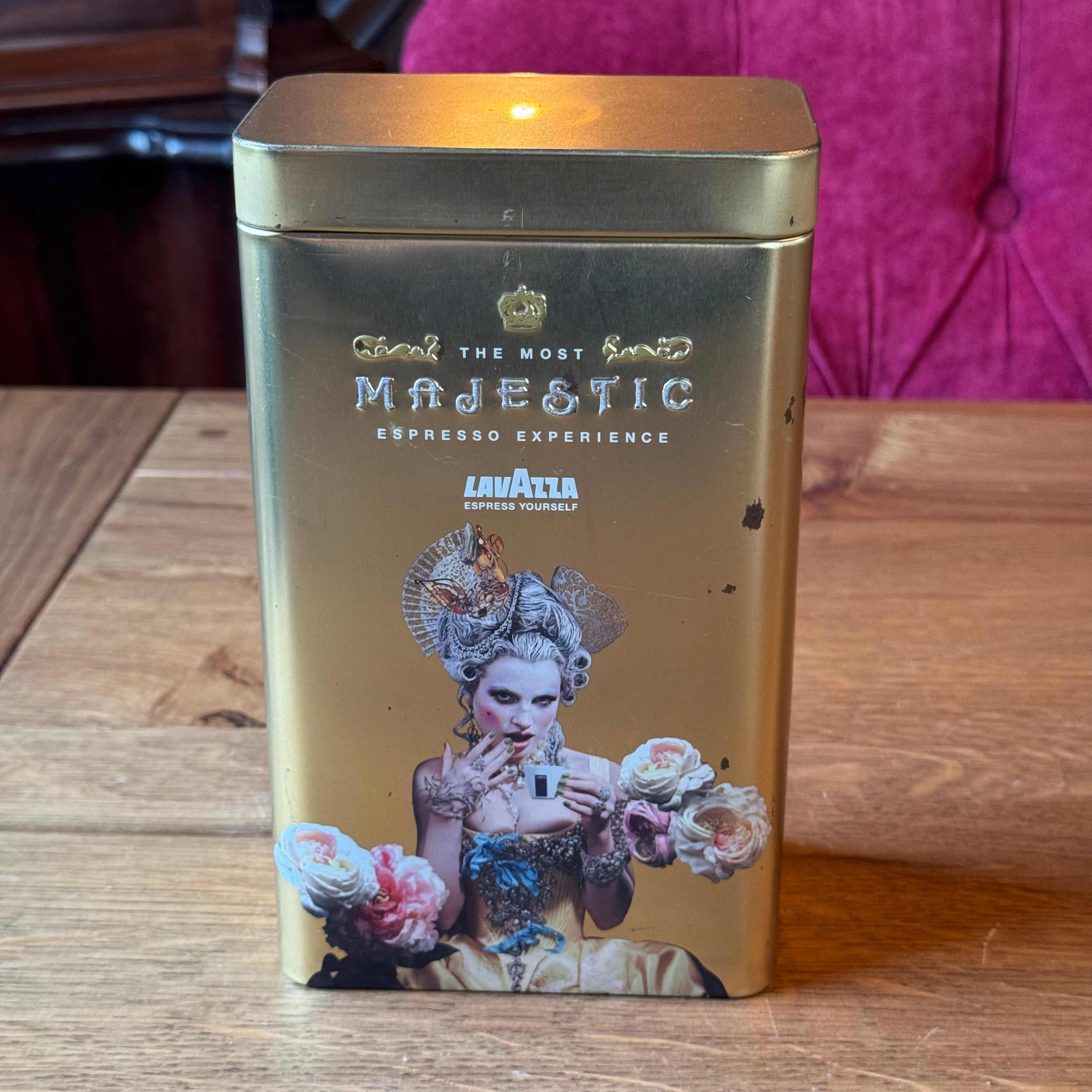 Lavazza “Majestic Espresso Experience” storage tin – gold-colored with baroque print