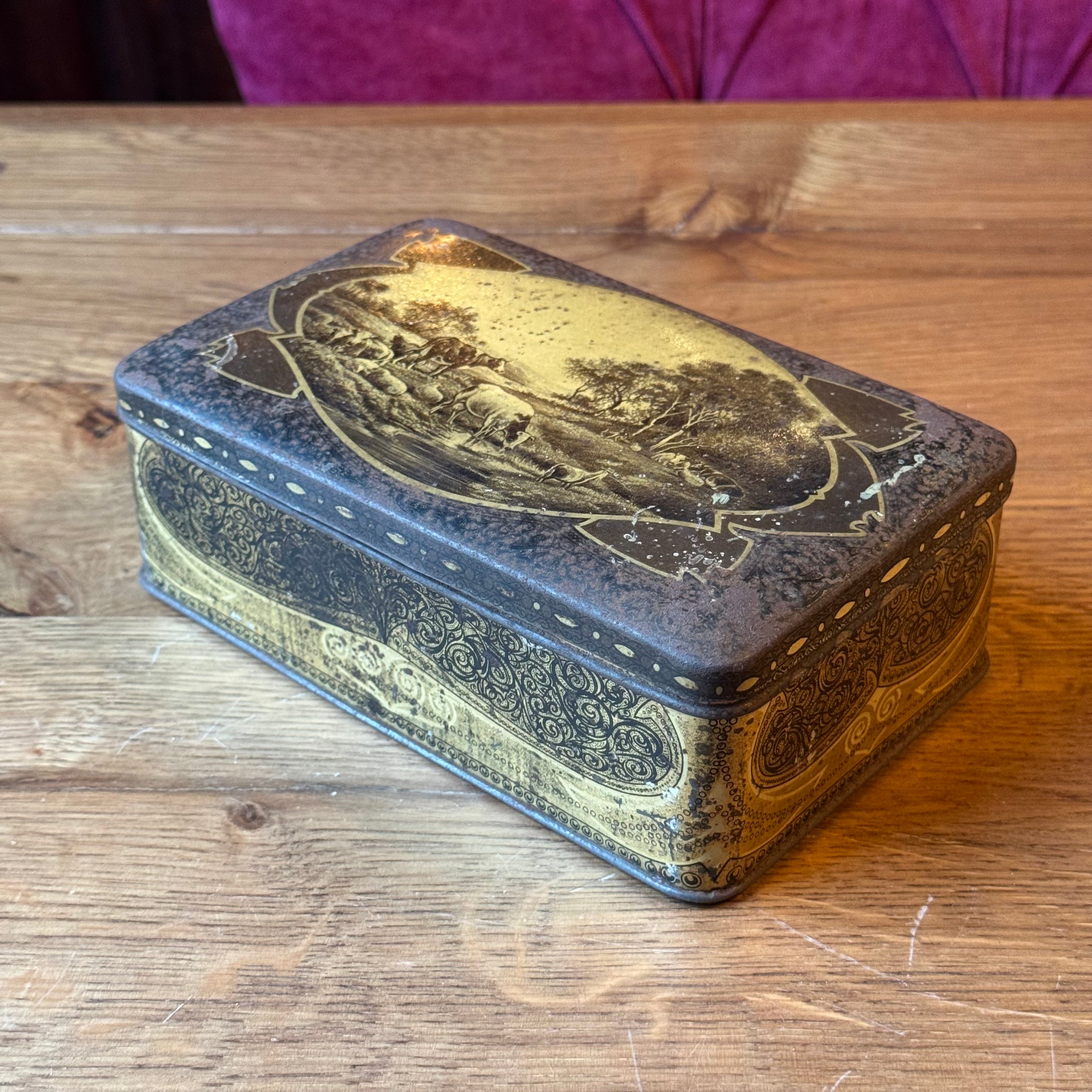 Antike Jamin-Dose mit ländlichem Motiv – rechteckige Keksdose