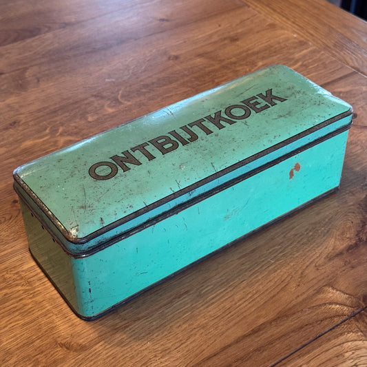 Industrieel ontbijtkoekblik – groen met zwarte letters – ca. 1940–1950