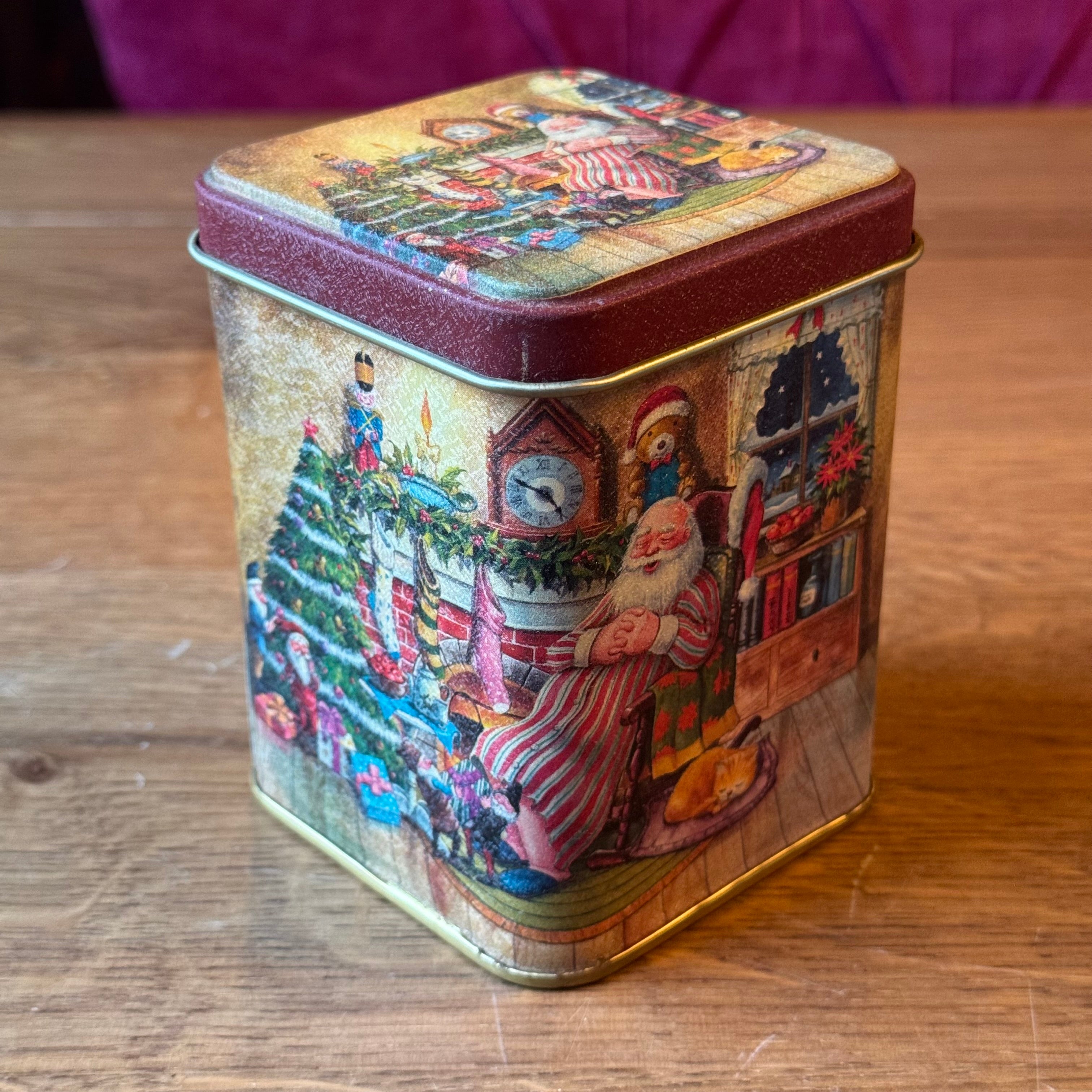 Vintage kerstblik met Santa-illustratie – vierkant decoratief blik