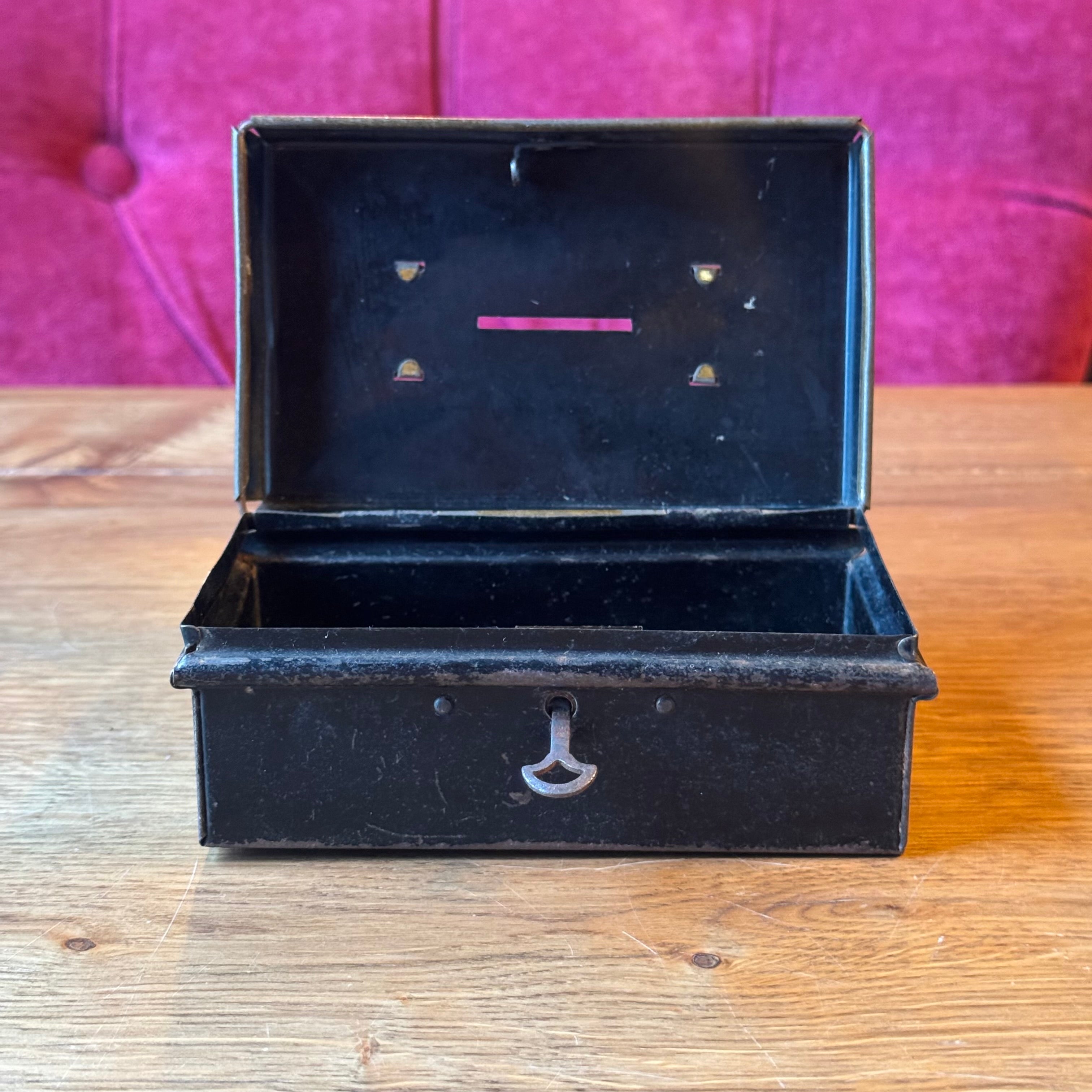 Vintage Metal Savings or Document Box with Key – Black with Gold/Red Decor (ca. 1920–1935)