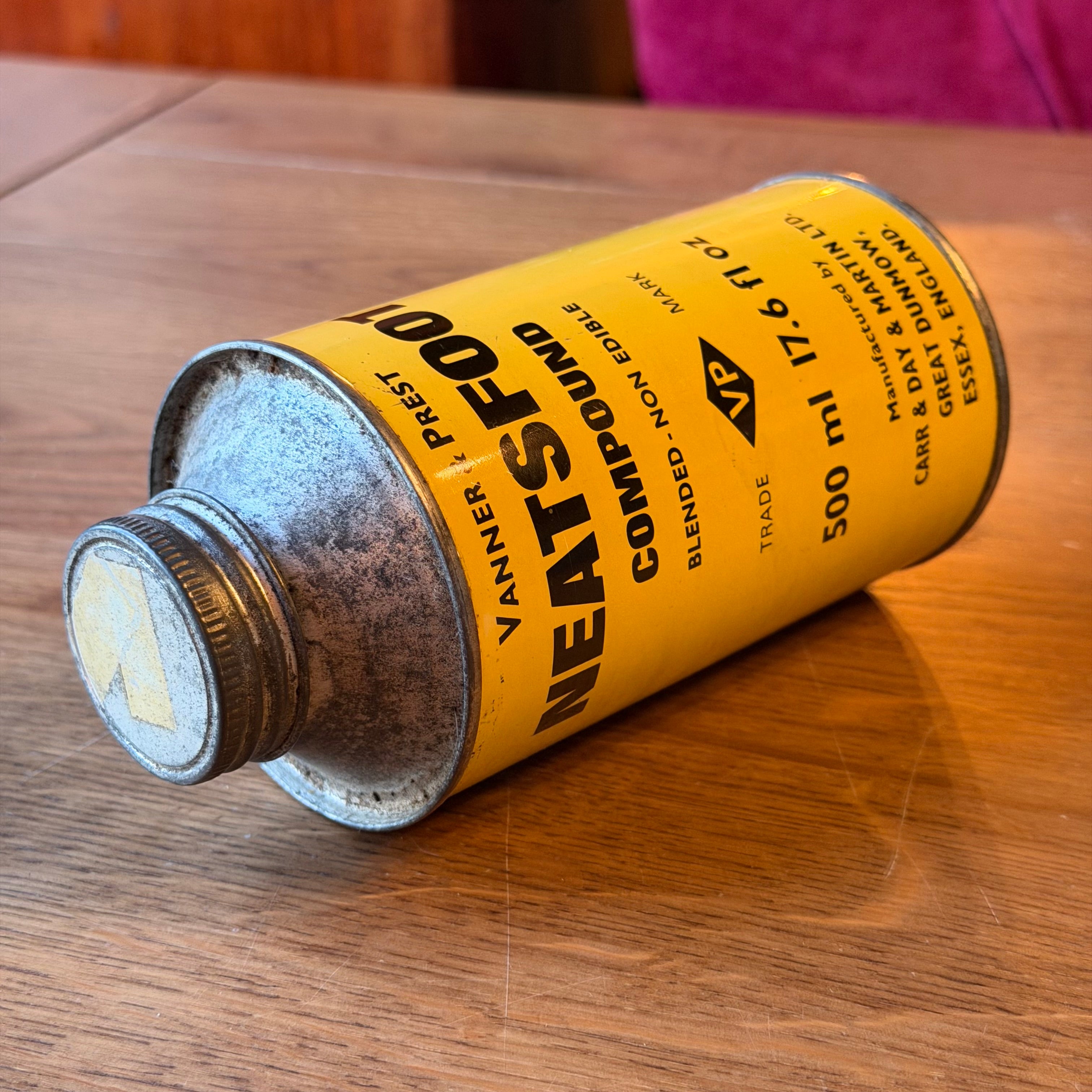 Vintage Neatsfoot Oil Tin – Vanner & Prest – Industrial Yellow Oil Container (500 ml)