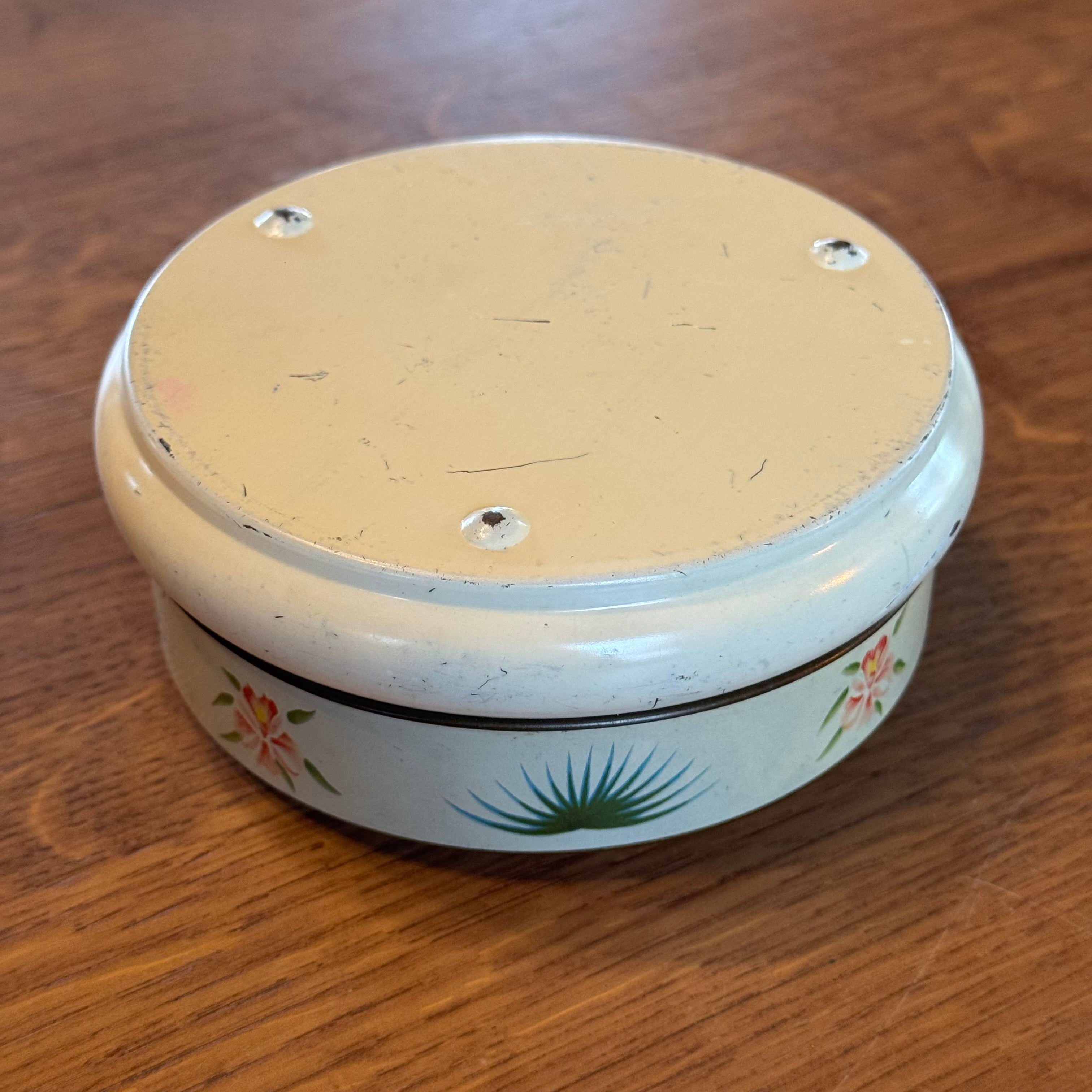 Runde Dose mit Paradiesvögeln – exotische Vintage-Dose, ca. 1950–1960