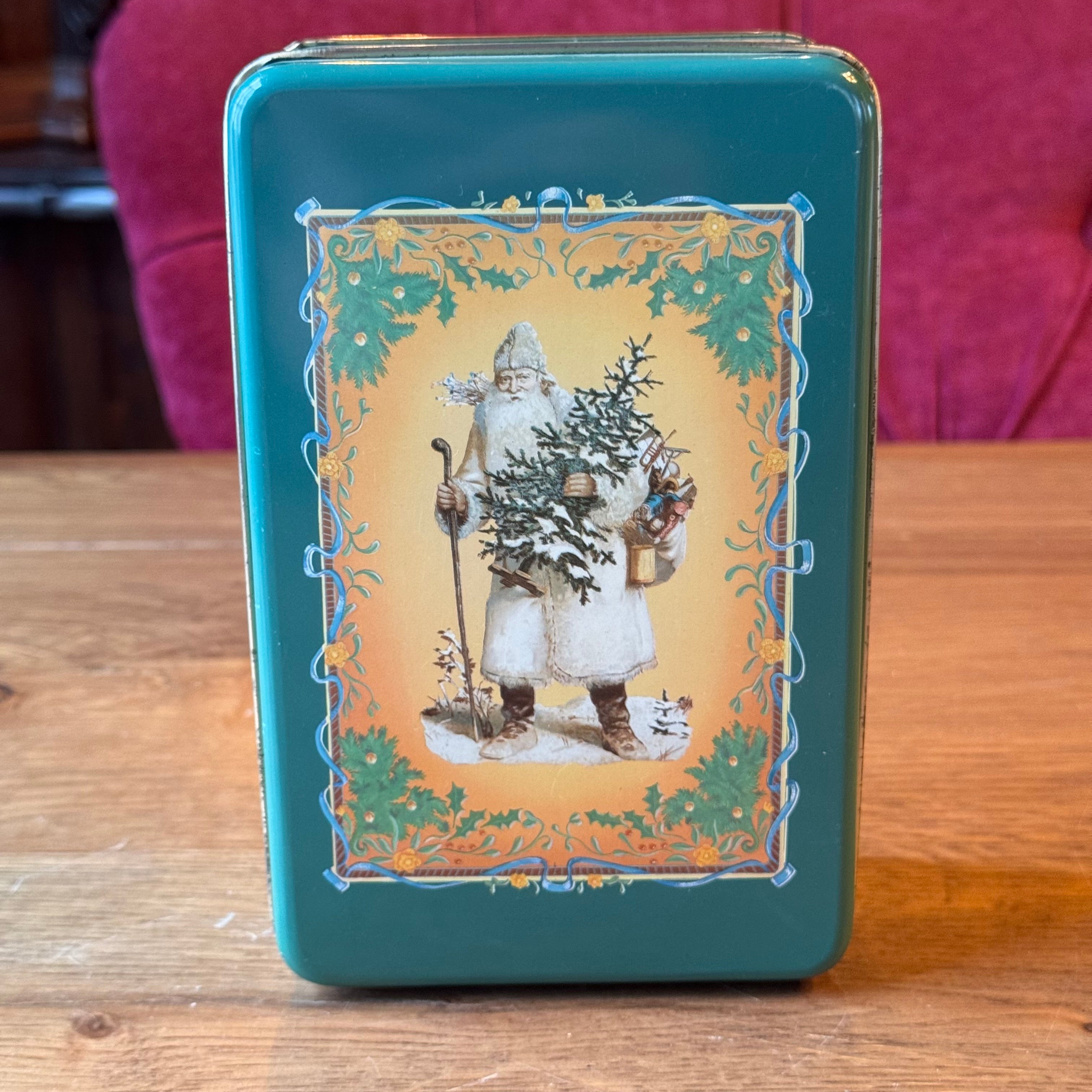 Vintage kerstblik met Sint Nicolaas illustratie – groen met goudkleurig interieur