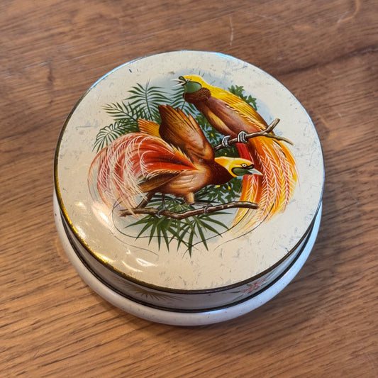 Rond blik met paradijsvogels – exotisch vintage blik ca. 1950–1960