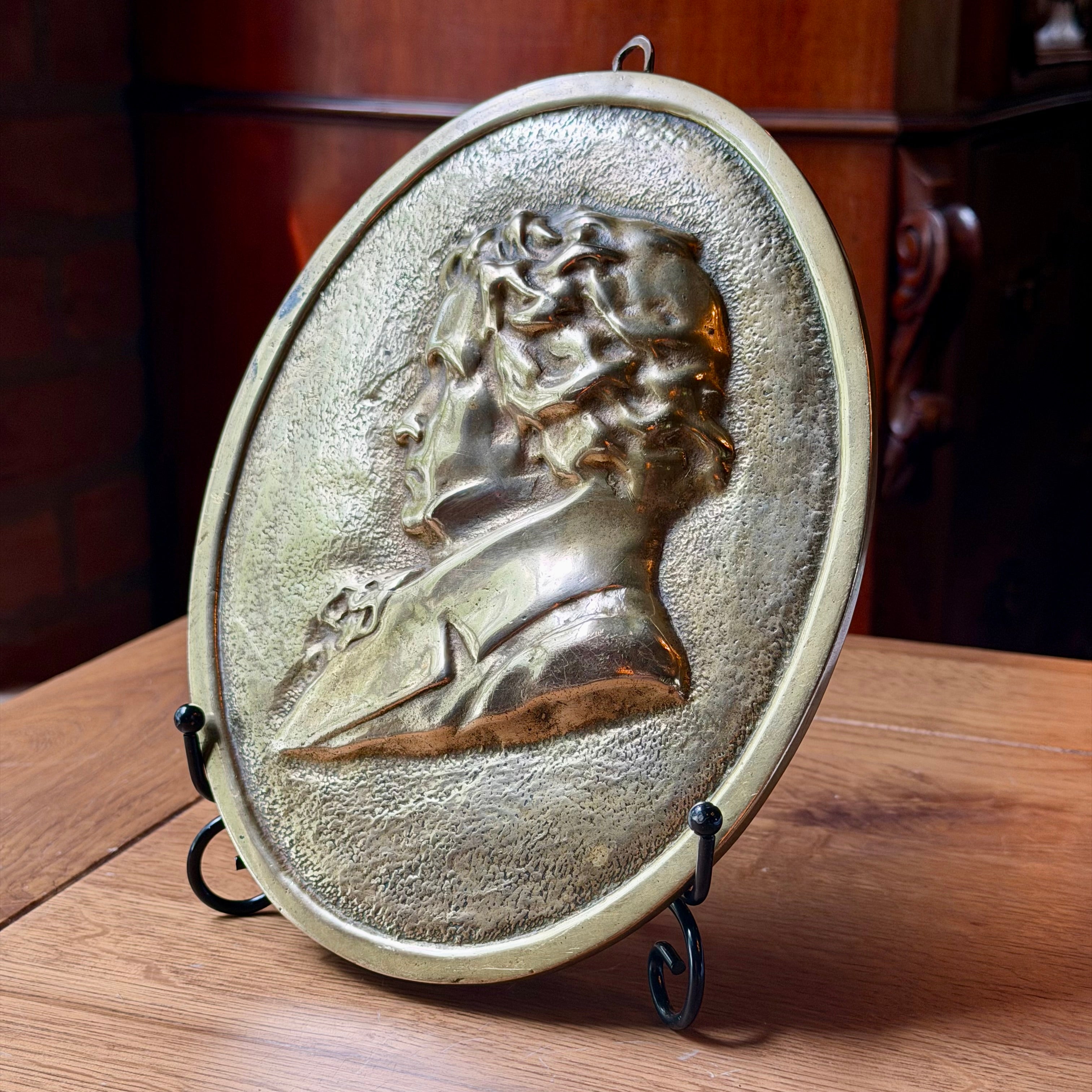 Koperen wandplaquette Beethoven profiel reliëf 19e eeuw