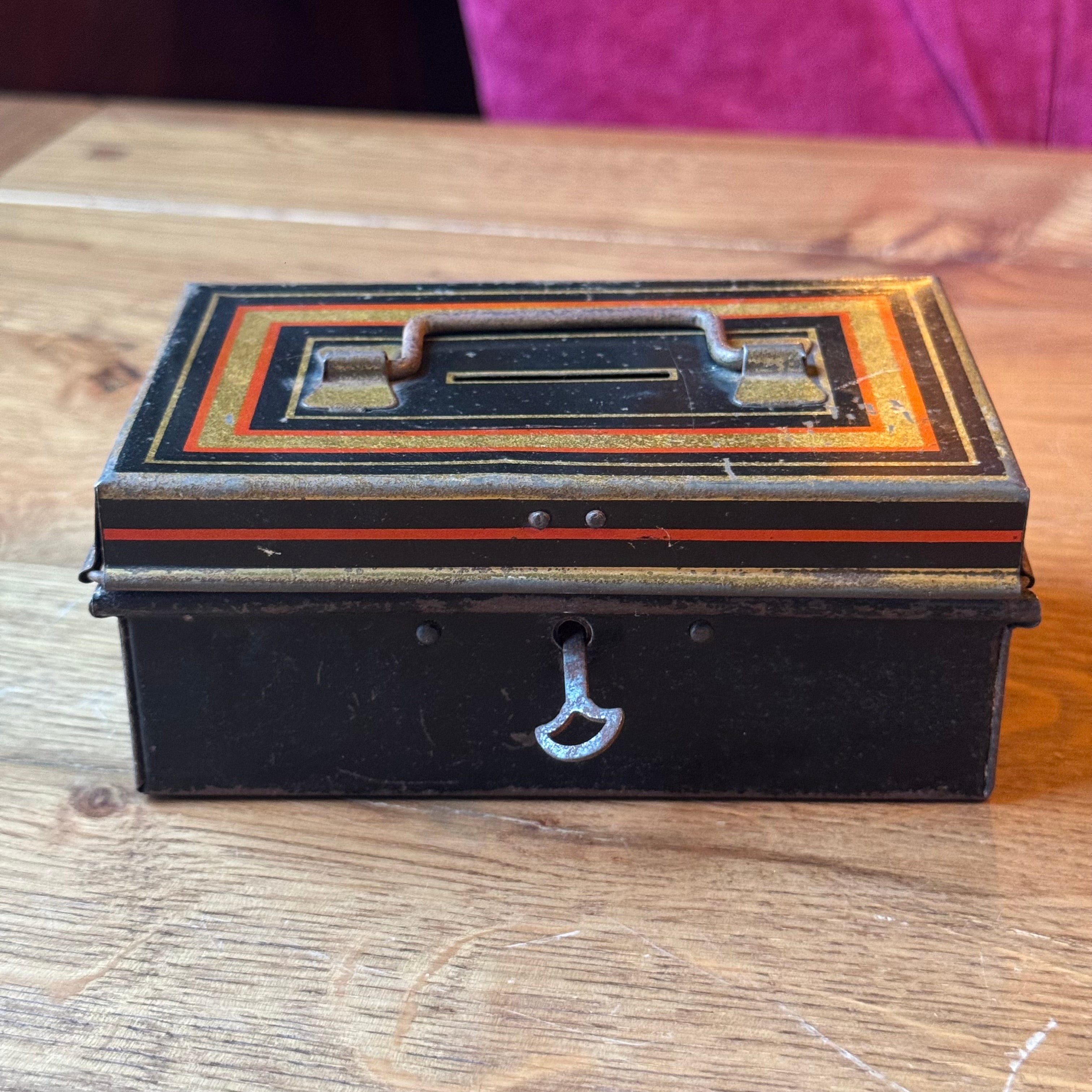 Vintage Metal Savings or Document Box with Key – Black with Gold/Red Decor (ca. 1920–1935)