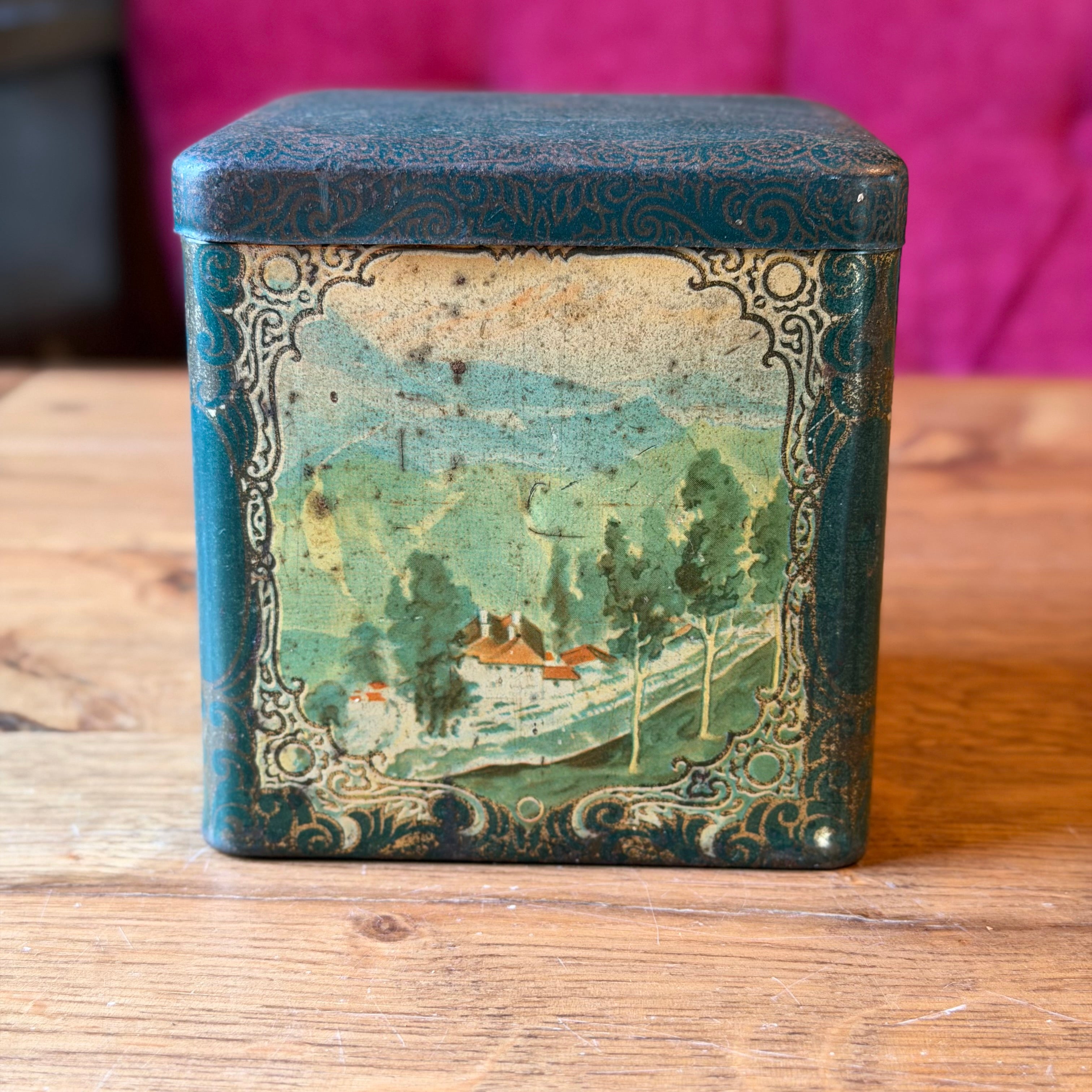 Antike Blechtrommel von Van Melle's Toffees – Art-déco-Blumenmotiv – Vintage-Dekoration