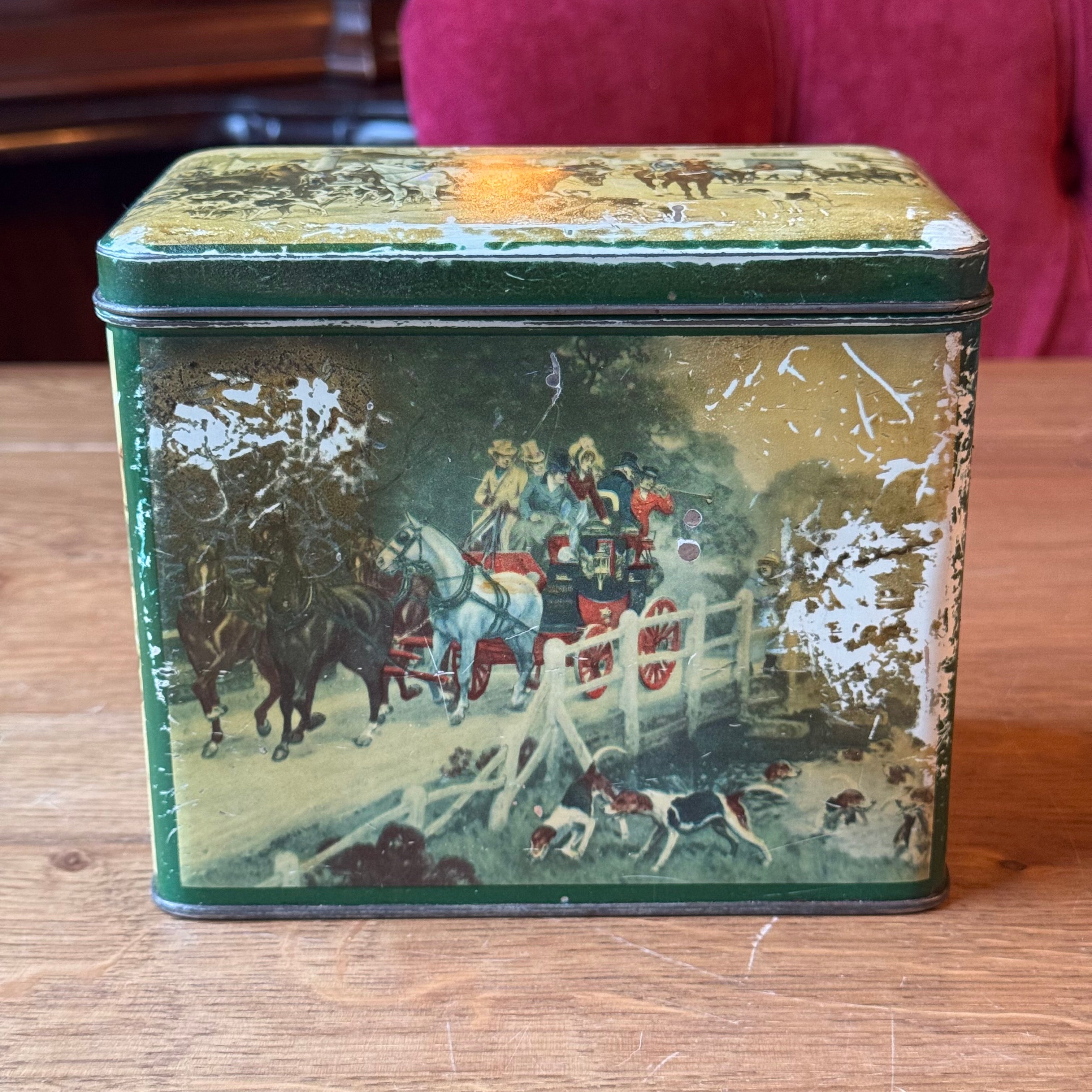 Vintage De Gruyter Tin - English Hunting Scene & Stagecoach - Shabby Chic (1950s)