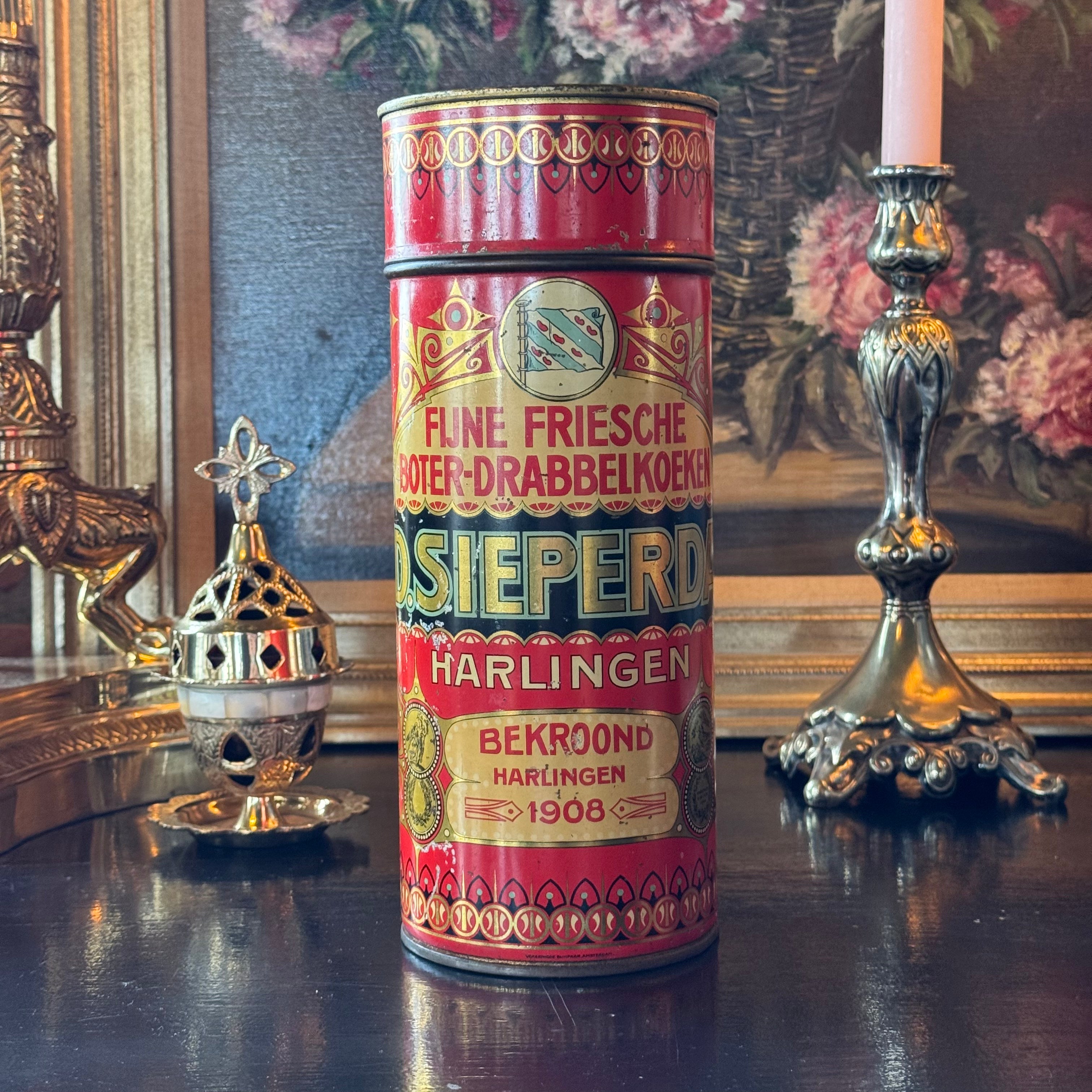 Antiek Fries koekblik D. Sieperda Harlingen – Fijne Friesche Boter-Drabbelkoeken