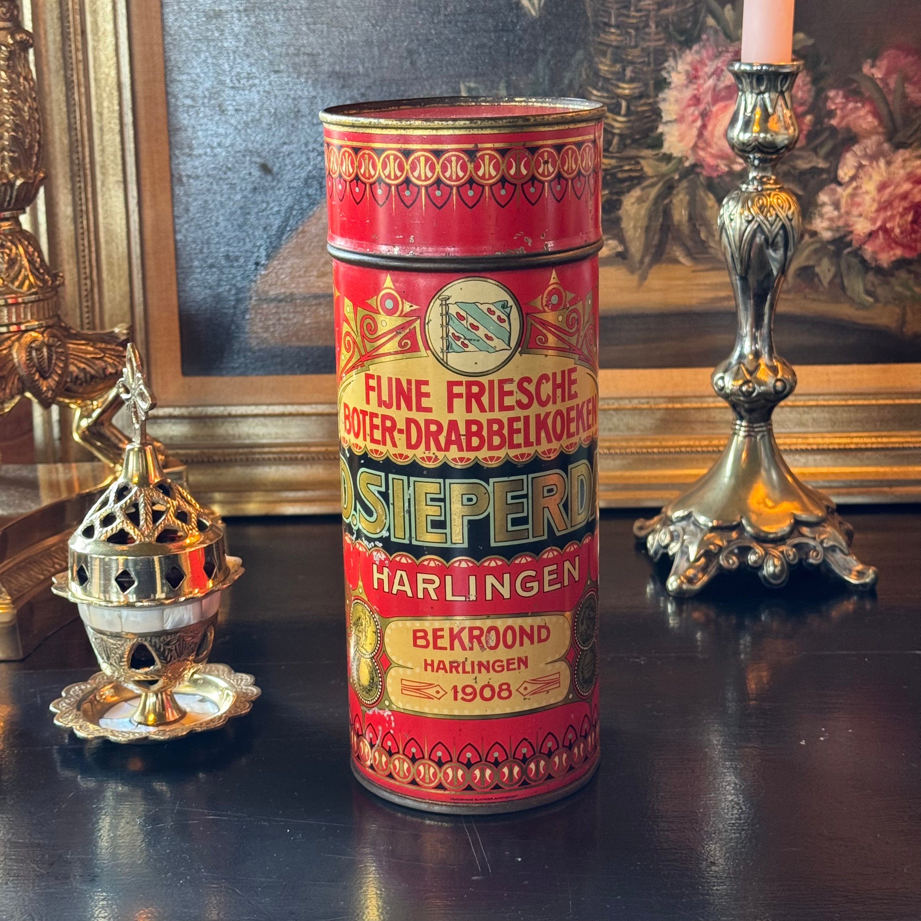Antiek Fries koekblik D. Sieperda Harlingen – Fijne Friesche Boter-Drabbelkoeken