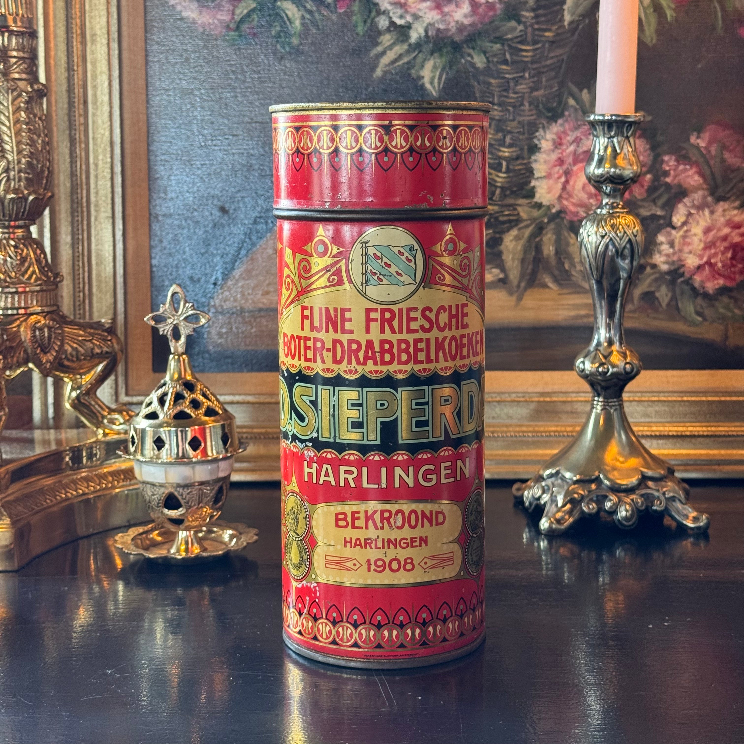 Antiek Fries koekblik D. Sieperda Harlingen – Fijne Friesche Boter-Drabbelkoeken