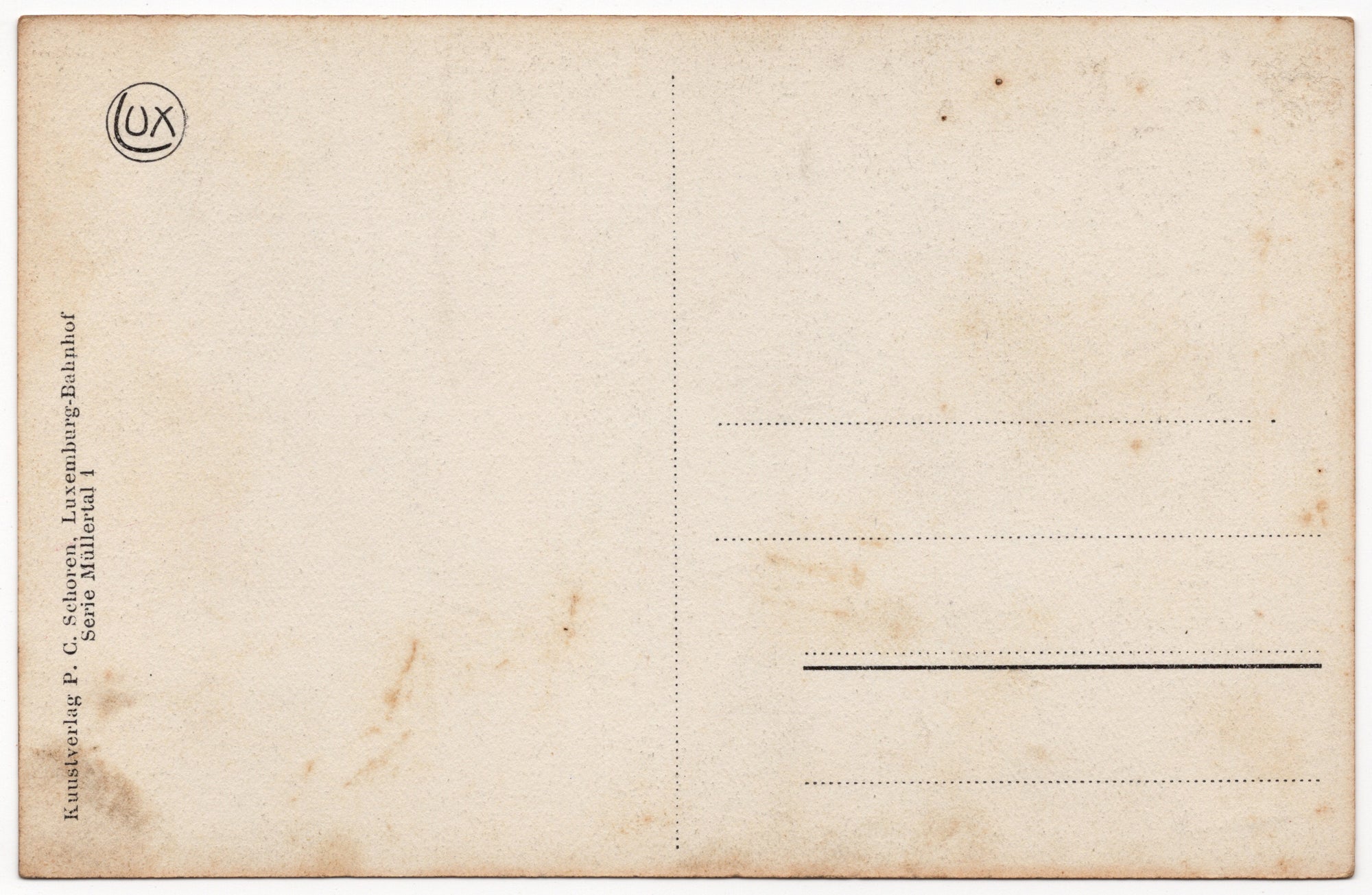 Achterzijde Zwart-wit ansichtkaart Casselt Petite Suisse luxembourgeoise, wandelaar met hoed op bospad, uitgave Schoren Luxemburg circa 1910