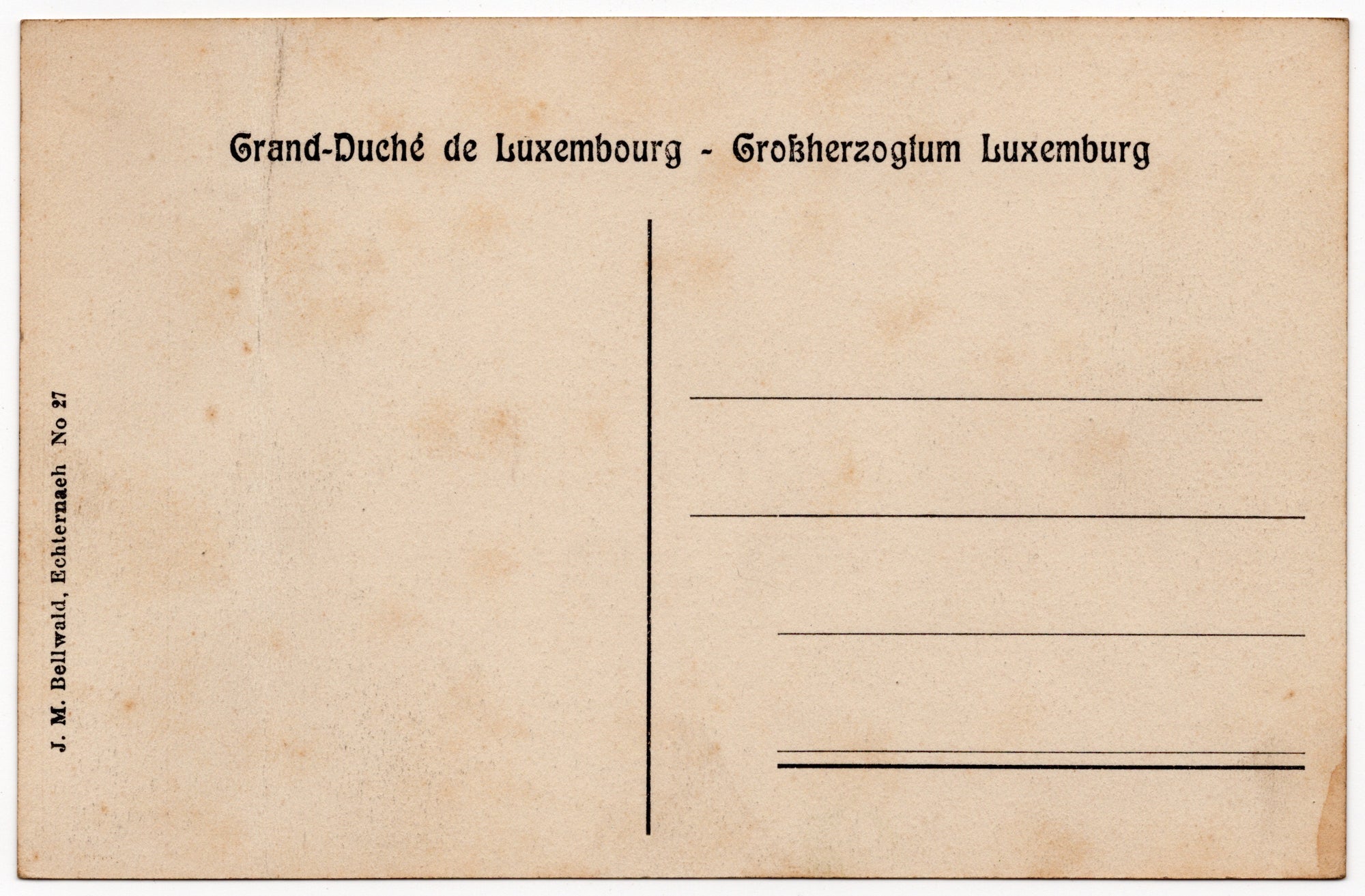 Achterzijde Luxemburgse ansichtkaart begin twintigste eeuw, zwart-wit lichtdruk totaalzicht Echternach met Basiliek van Sint-Willibrord gezien vanaf de Ernzerberg, uitgave J.M. Bellwald
