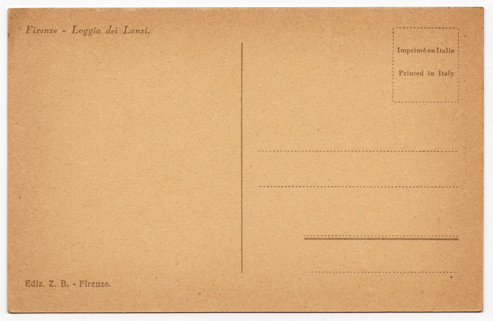 Achterzijde Italiaanse ansichtkaart jaren twintig of dertig, sepia lichtdruk Loggia dei Lanzi Florence met beeldhouwwerk Giambologna en Medici-leeuwen