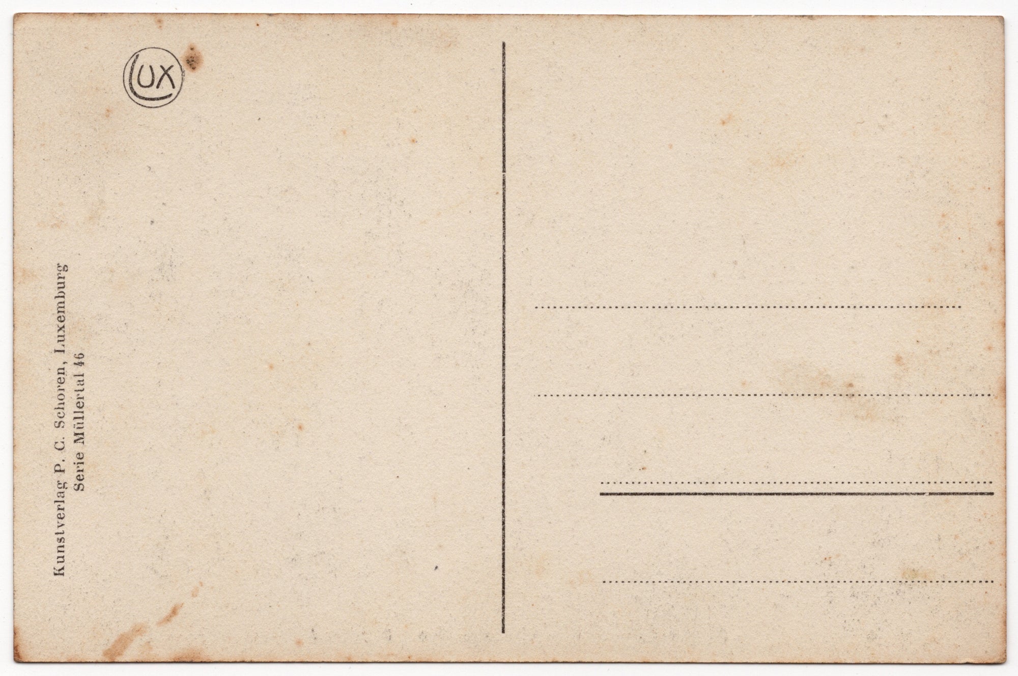 Achterzijde Zwart-wit ansichtkaart Goldkaul Petite Suisse luxembourgeoise, zandsteenformatie met berken, uitgave Schoren Luxemburg circa 1910