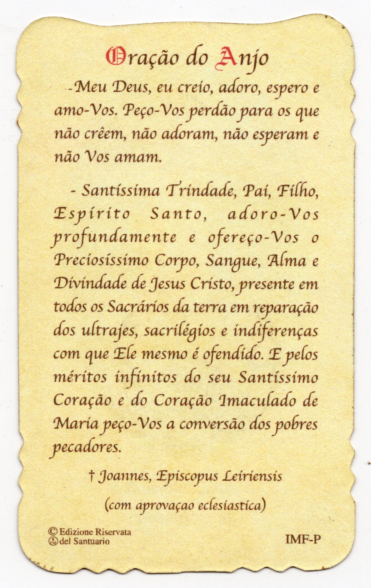 Achterzijde Portugees devotiekaartje Nossa Senhora de Fátima met herderskinderen Lúcia Jacinta Francisco