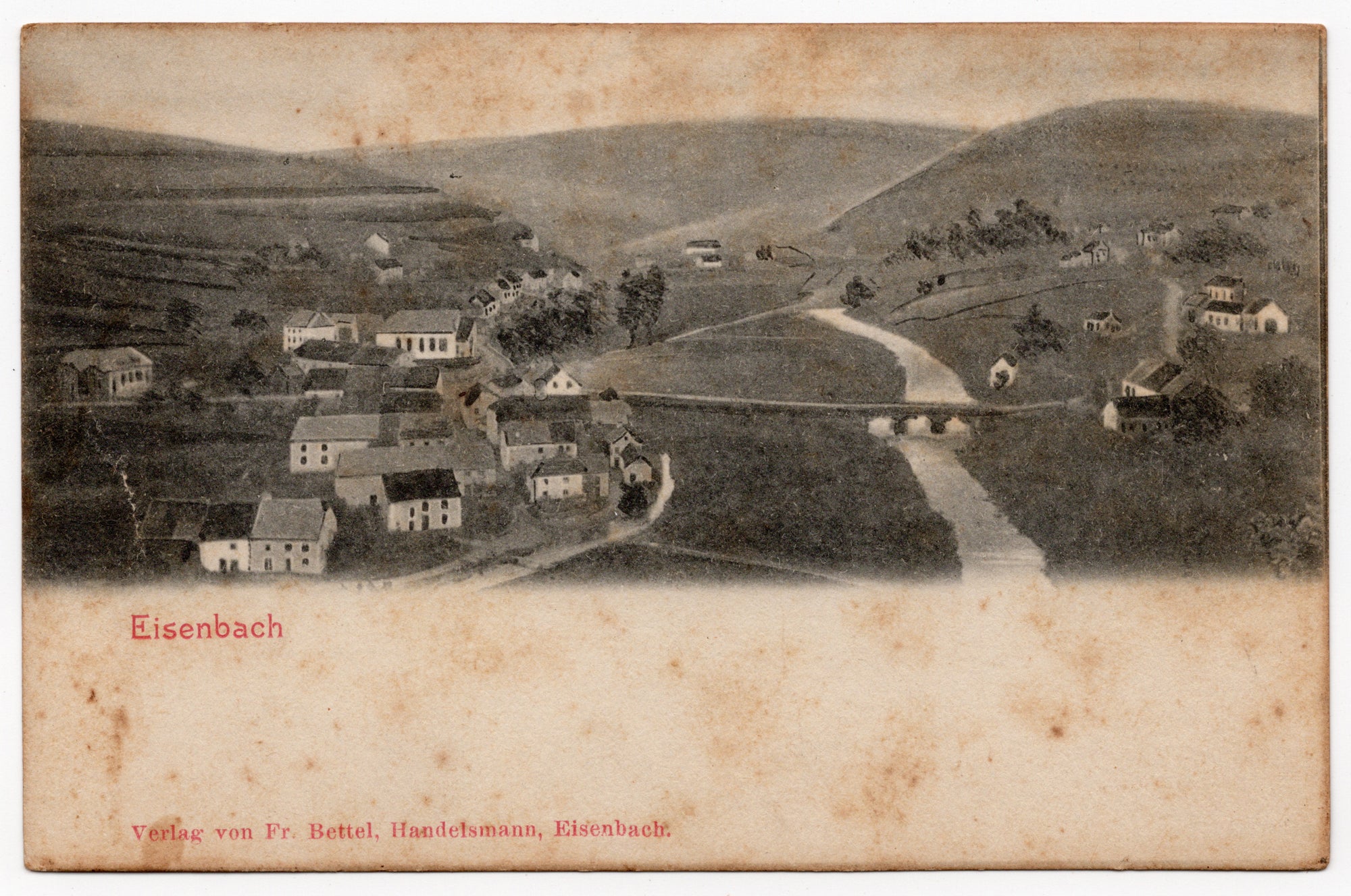 Vroege Luxemburgse ansichtkaart ca. 1900, getinte lichtdruk dorpsgezicht Eisenbach in het Öslingdal, uitgave Fr. Bettel Handelsmann