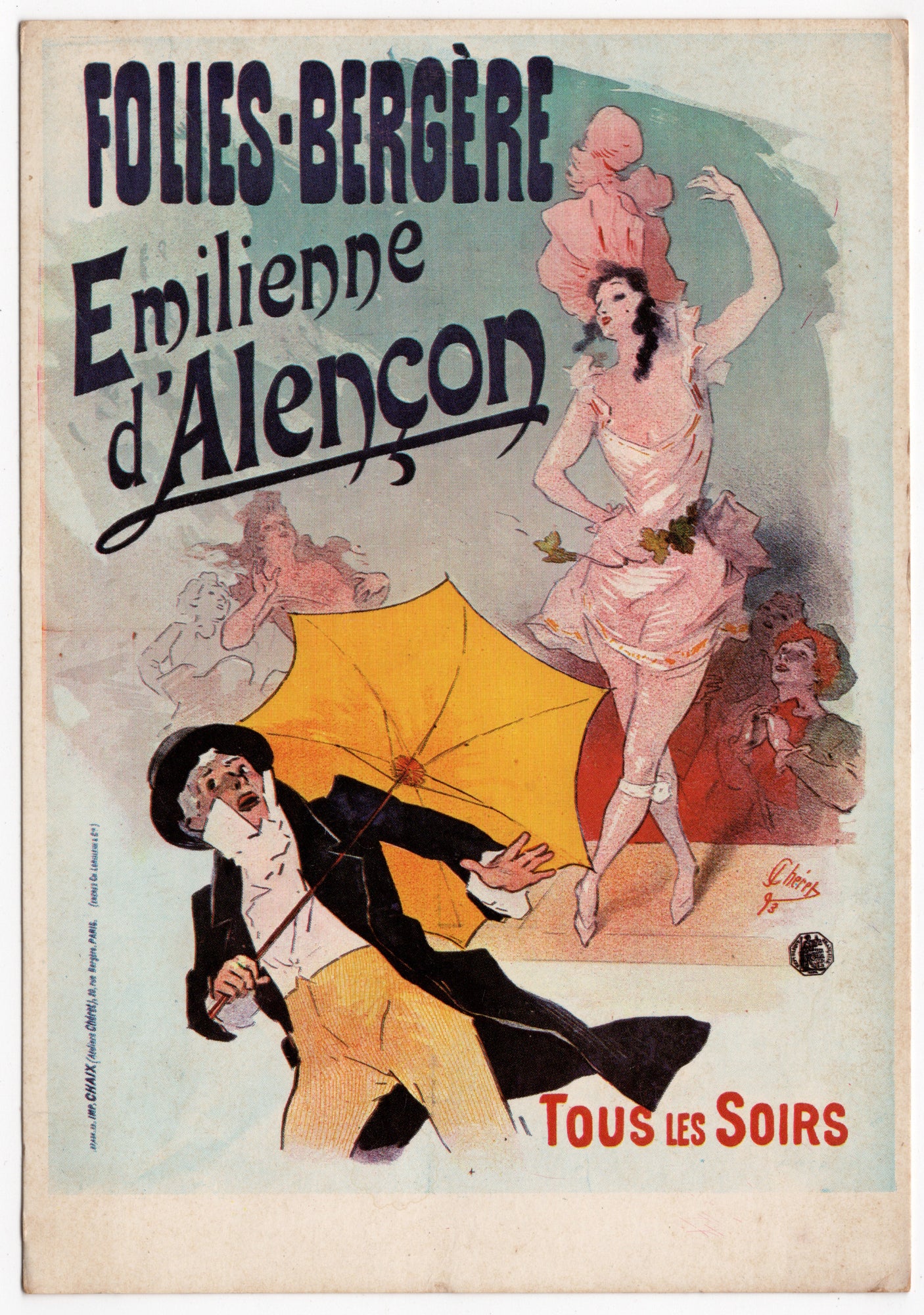 Ansichtkaart met kleurreproductie affiche Folies-Bergère Emilienne d'Alençon Jules Chéret 1893, uitgever Hazan Parijs