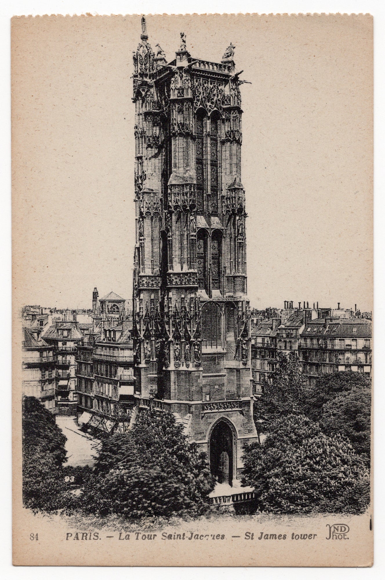 Franse ansichtkaart begin jaren twintig, zwart-wit lichtdruk Tour Saint-Jacques Parijs, uitgave Neurdein Frères ND Phot