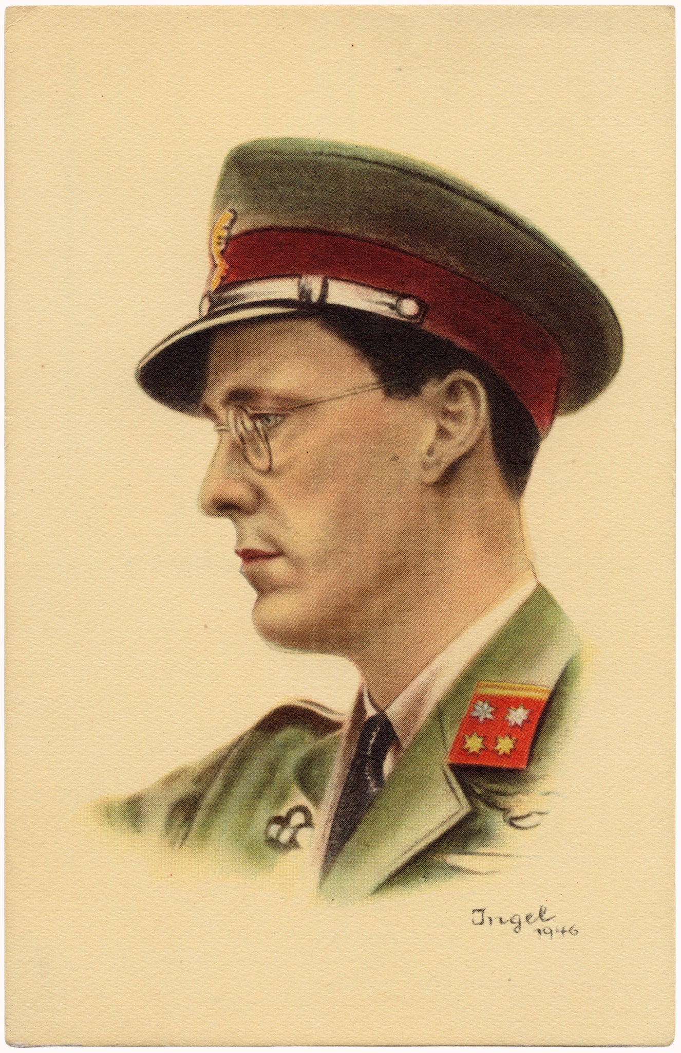 Ansichtkaart 1946 met geïllustreerd profielportret van prins Bernhard met bril en officierspet in militair uniform.