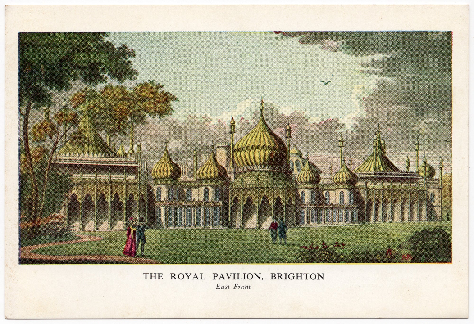 Ansichtkaart met kleurreproductie aquatint Royal Pavilion Brighton East Front, George Hunt naar Edward Fox, uitgever Bredon's Brighton